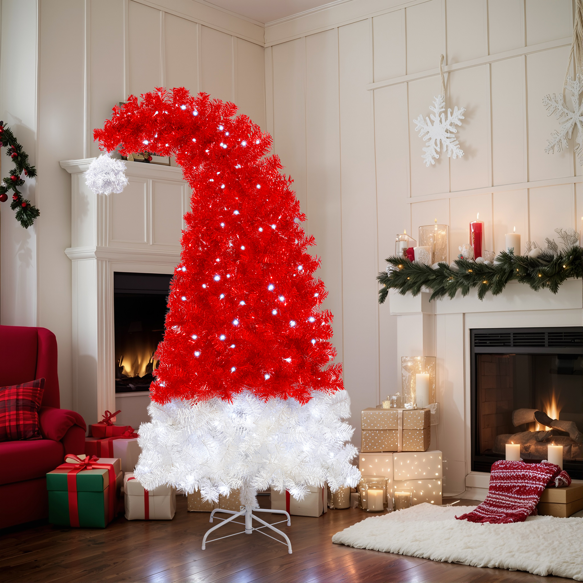 Árbol de Navidad artificial de 6 pies, forma de gorro de Santa, 1050 puntas, LED