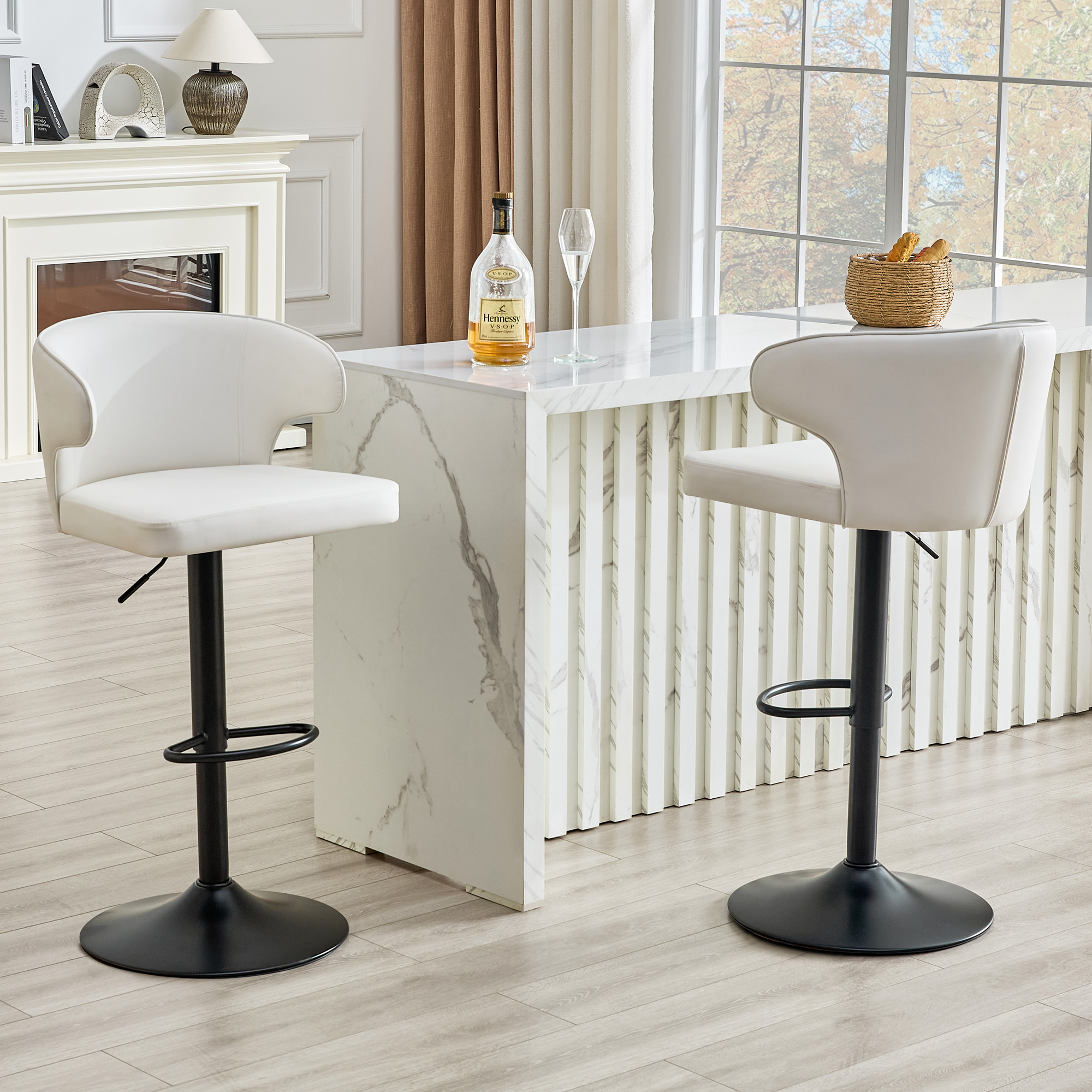 Modern Rotating Adjustable Bar Chair, PU Leather Belt Backrest Swivel Chair, Suitable For Kitchen Bar Counter And Dining Room, Adjustable Height, Capable Of Bearing 300 Pounds  White -2 Pieces