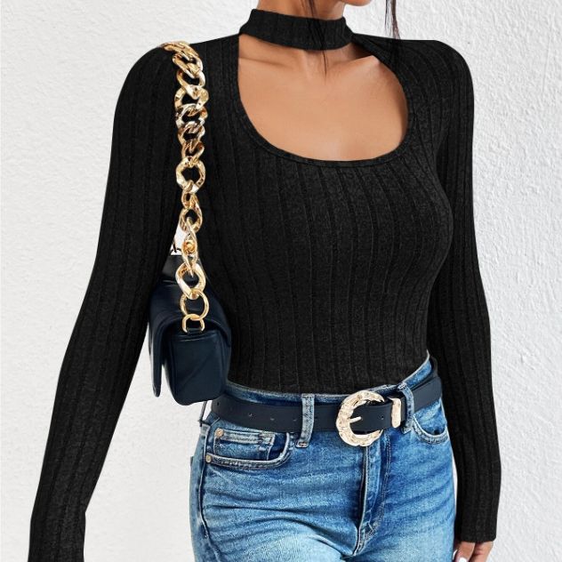 Personalized Neck U-neck Long Sleeve Pit Striped Wool Knit T-shirt