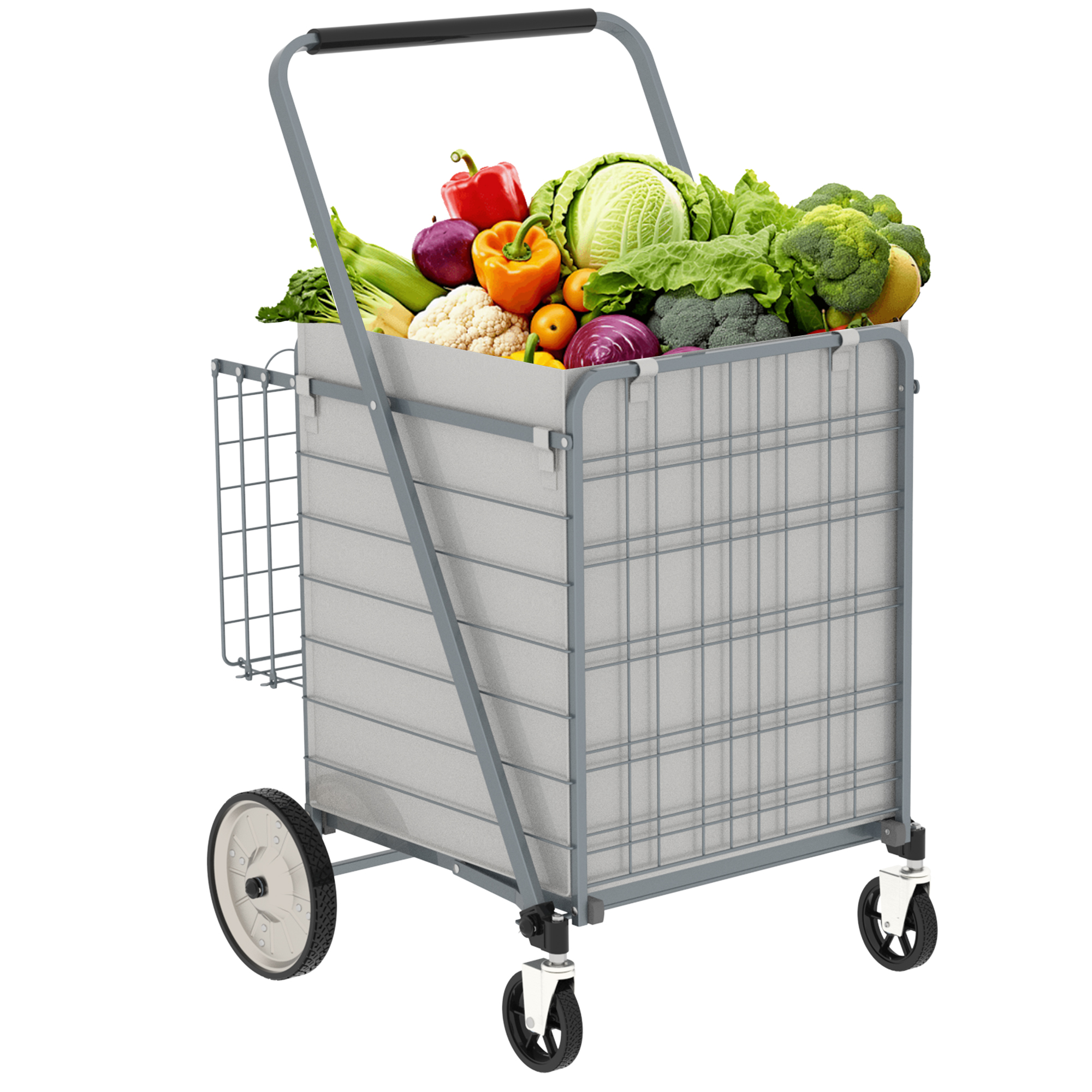Carro de compras plegable jumbo con doble cesta y ruedas giratorias 360°, gris.