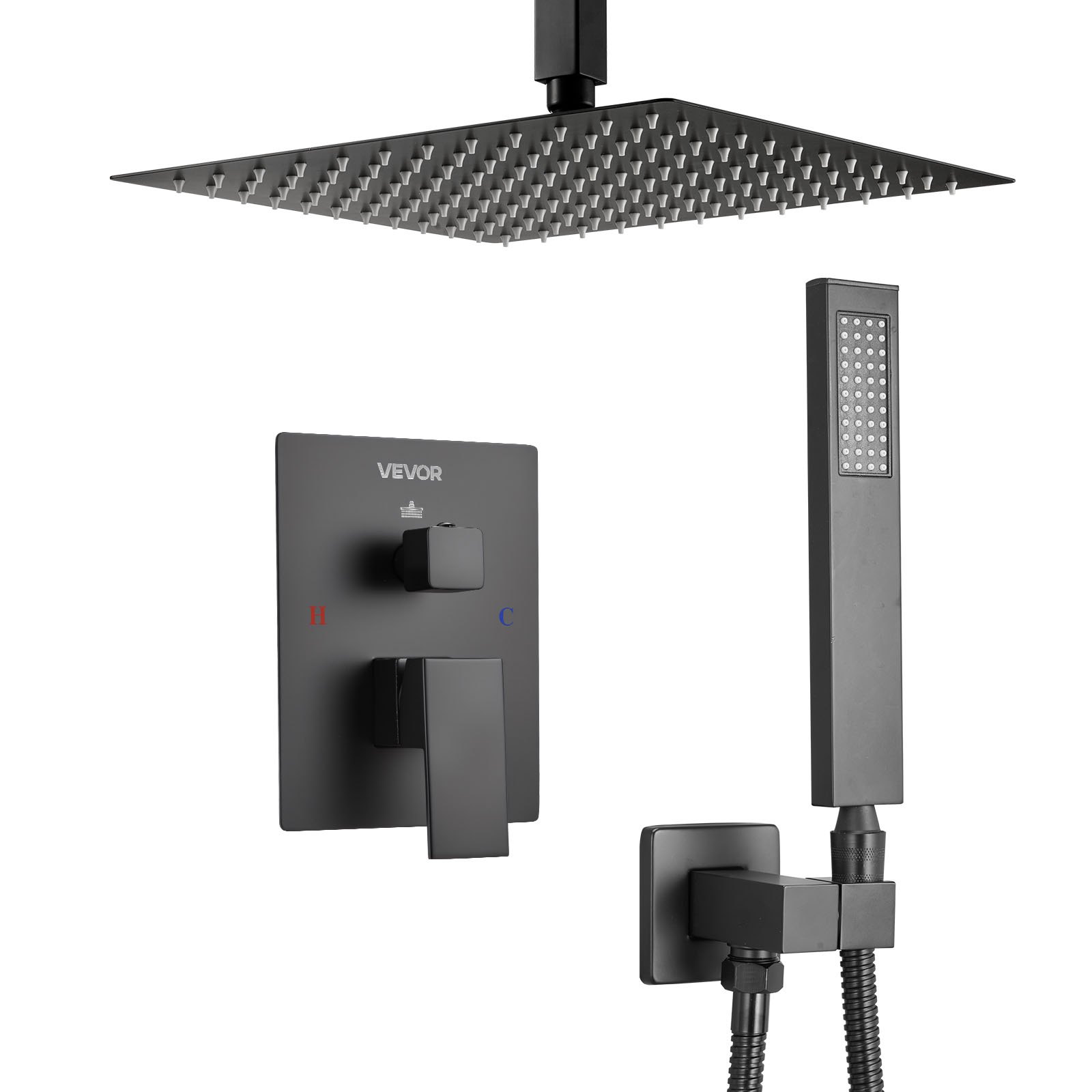 Shower Faucet Set, Rainfall Bathroom Shower System With 12-Inch Square Rain Shower Head And Handheld Spray, Ceiling Mount Bath Fixtures With Brass Valve And Trim Kit, Matte Black