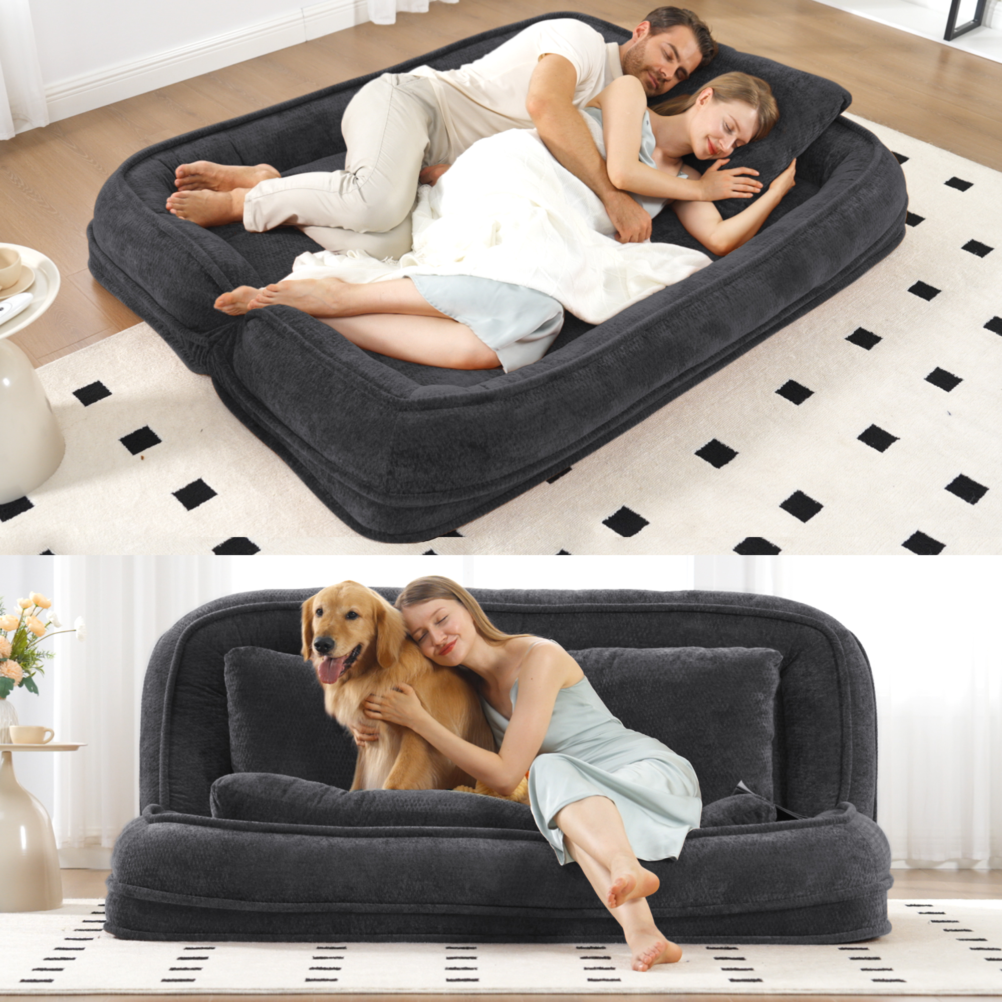 Sofá cama doble extra grande para humanos y mascotas, 2 en 1, 5 posiciones, chenilla, negro