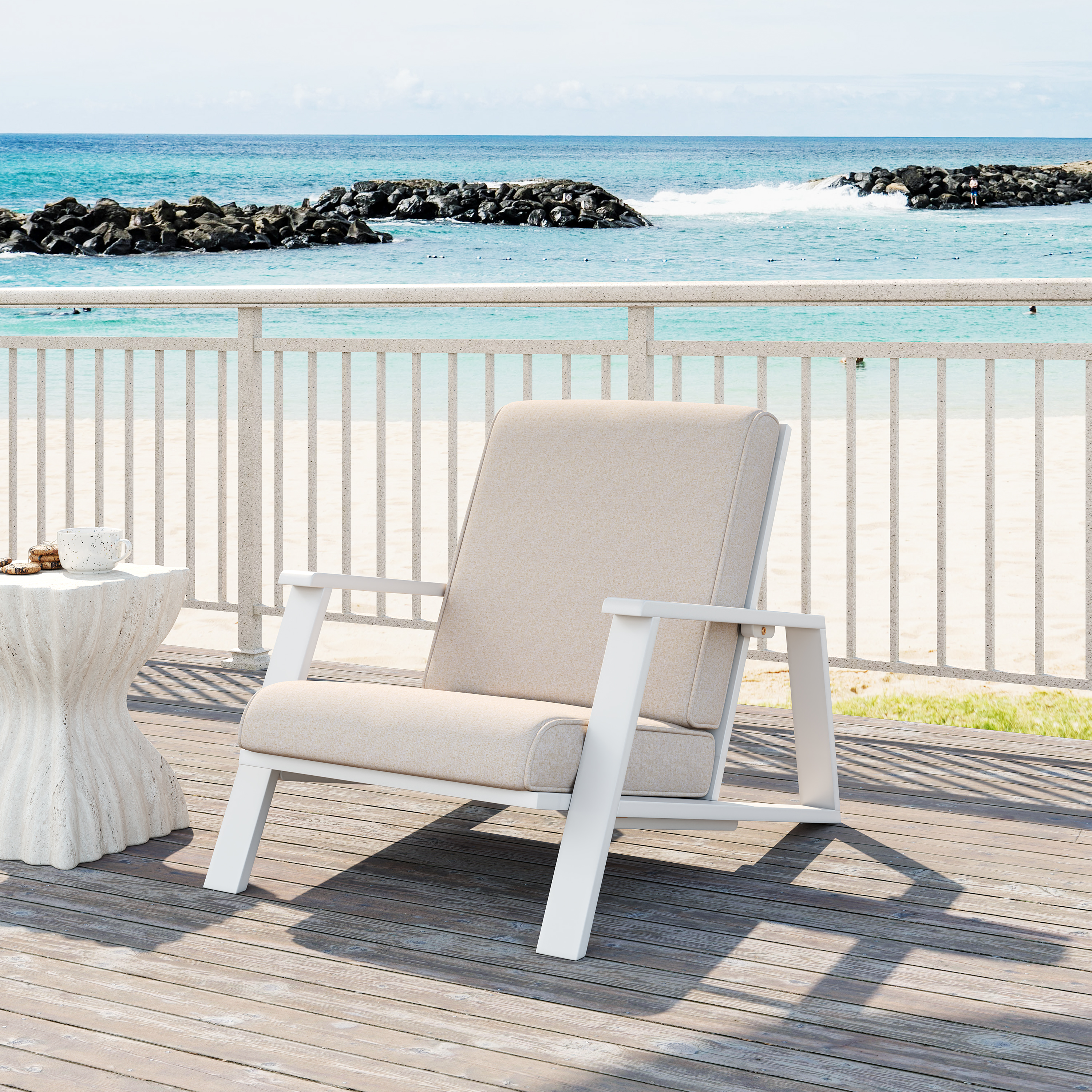 Patio Lounge Chair, Outdoor Club Chair With Beige Cushion And White Acacia Wood Frame