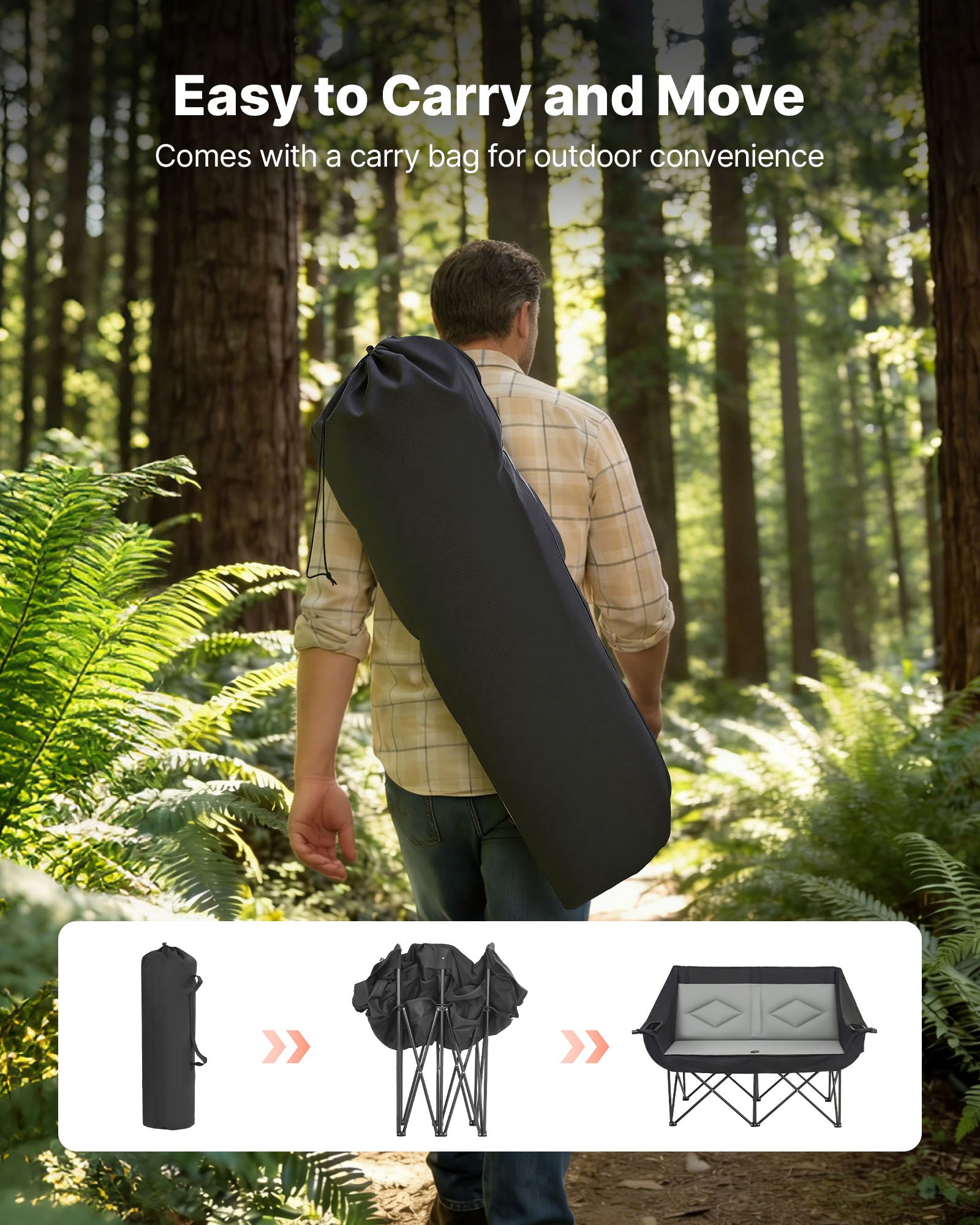 Silla de camping doble, soporta 660 libras, con portavasos y bolsa de transporte