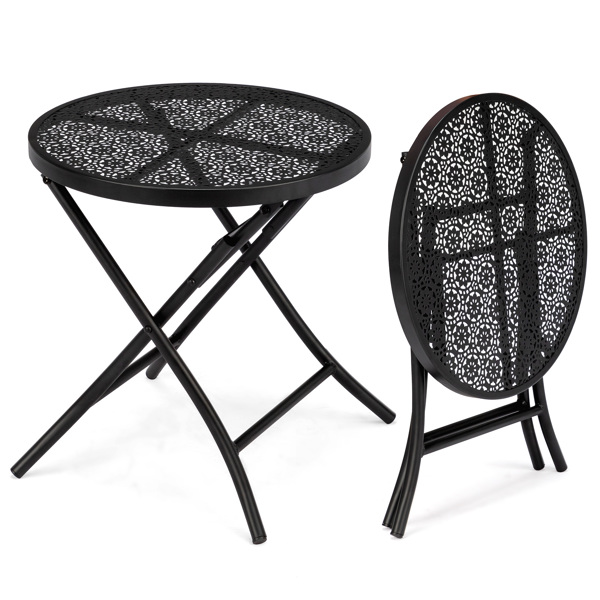 18 Inch Folding Patio Side Table, Metal Steel Outdoor Round Coffee Table With Flower Cutouts For Patio Yard Balcony Garden, Black