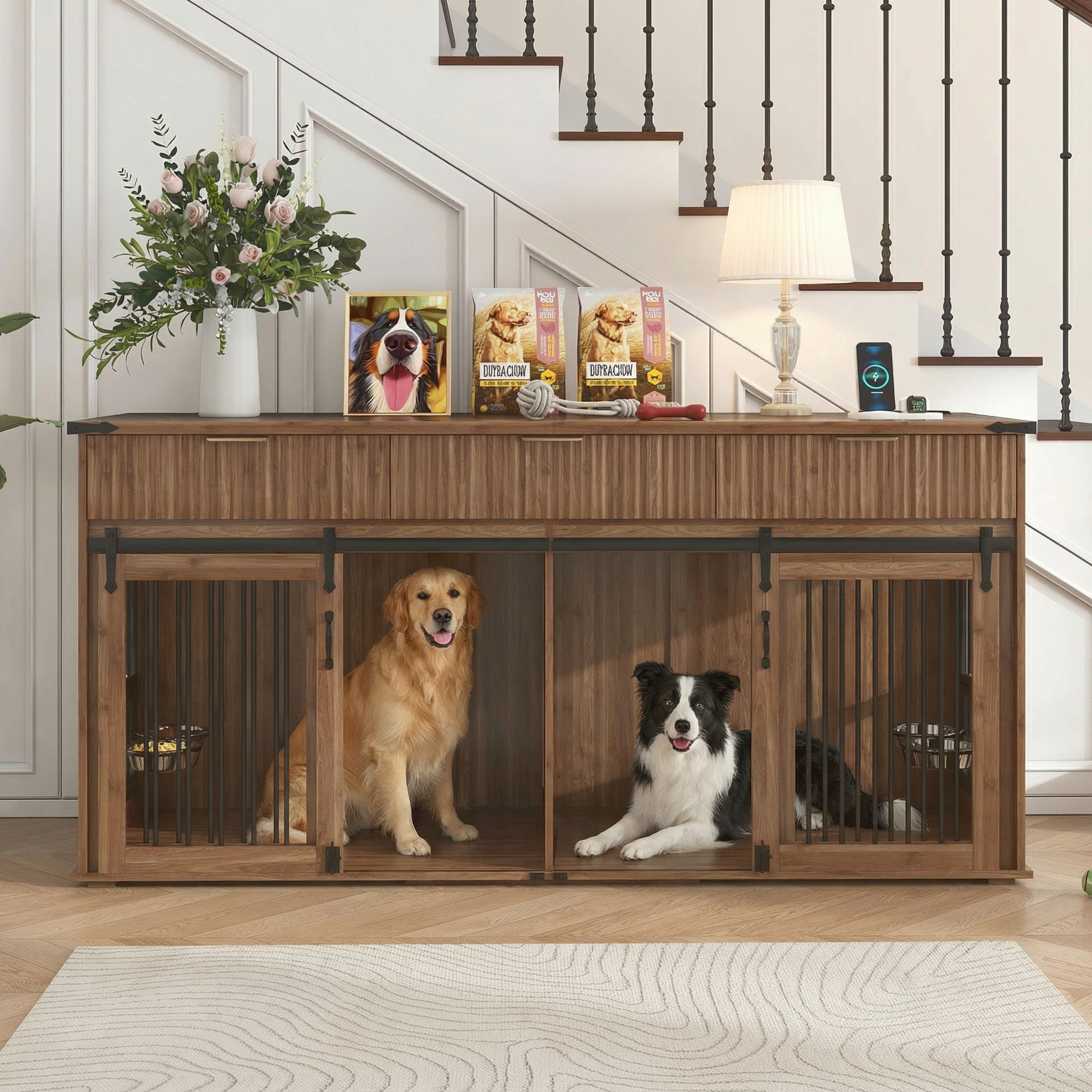 71 Furniture Style Double Dog Crate With 3 Fluted Drawers And Waterproof Walnut Woodgrain Tabletop,Large Dog Kennel Furniture With Type-C Power Outlet & Rotating Feeders For Heavy Duty Dogs Walnut