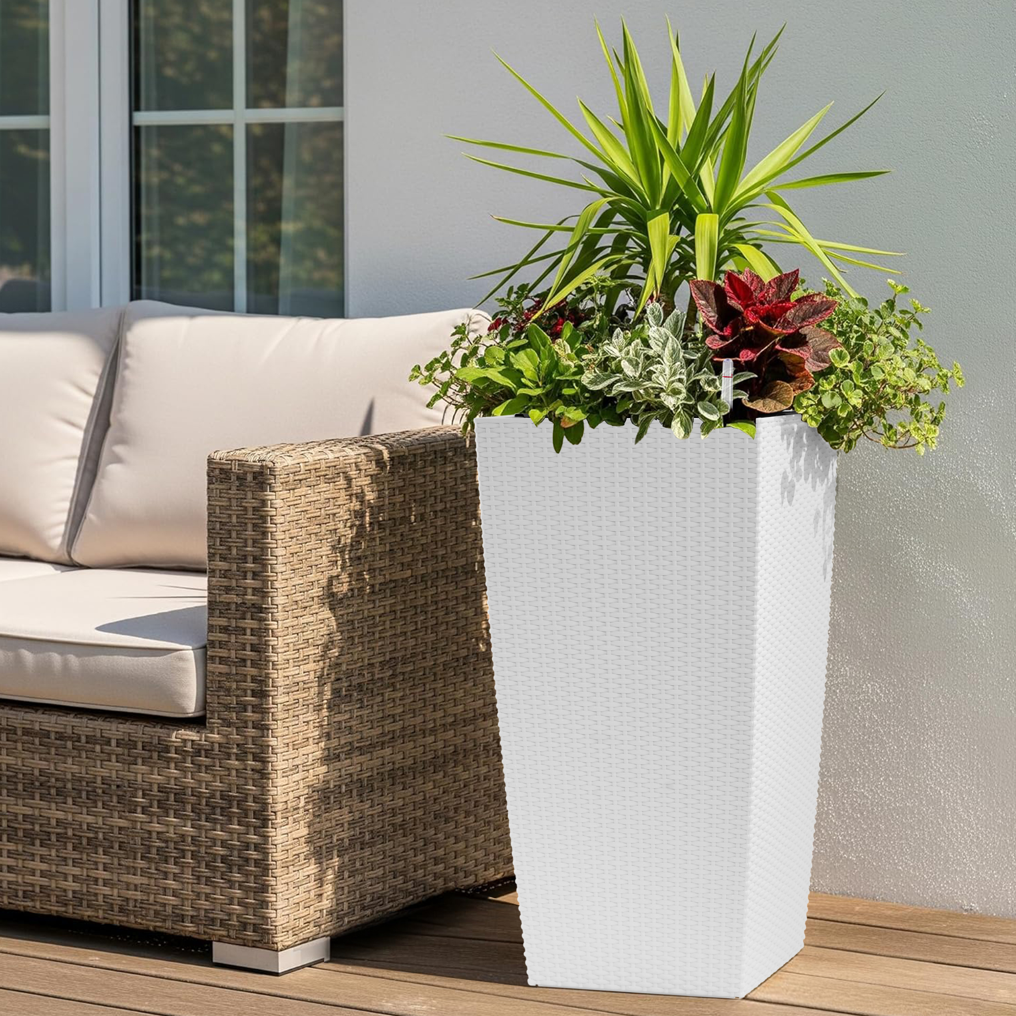 Maceta grande de 30 pulgadas con autorriego, monitor de nivel de agua, para interior/exterior, blanca.
