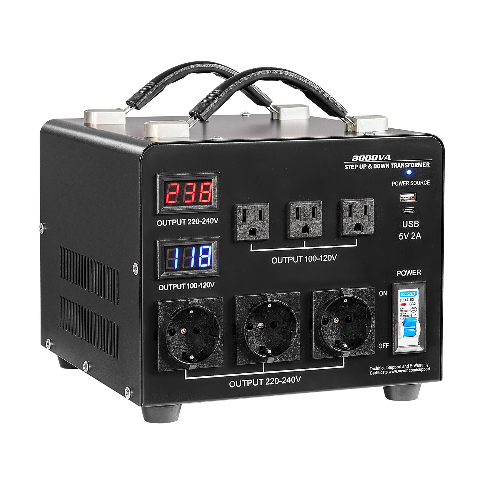 Voltage Auto Converter Transformer, 3000VA, Heavy Duty Step Up/Down Power Transformer, 110V To 220V And 220V To 110V, With 3 US Outlets, 3 EU Outlets, LCD Display, Circuit Breaker Protection