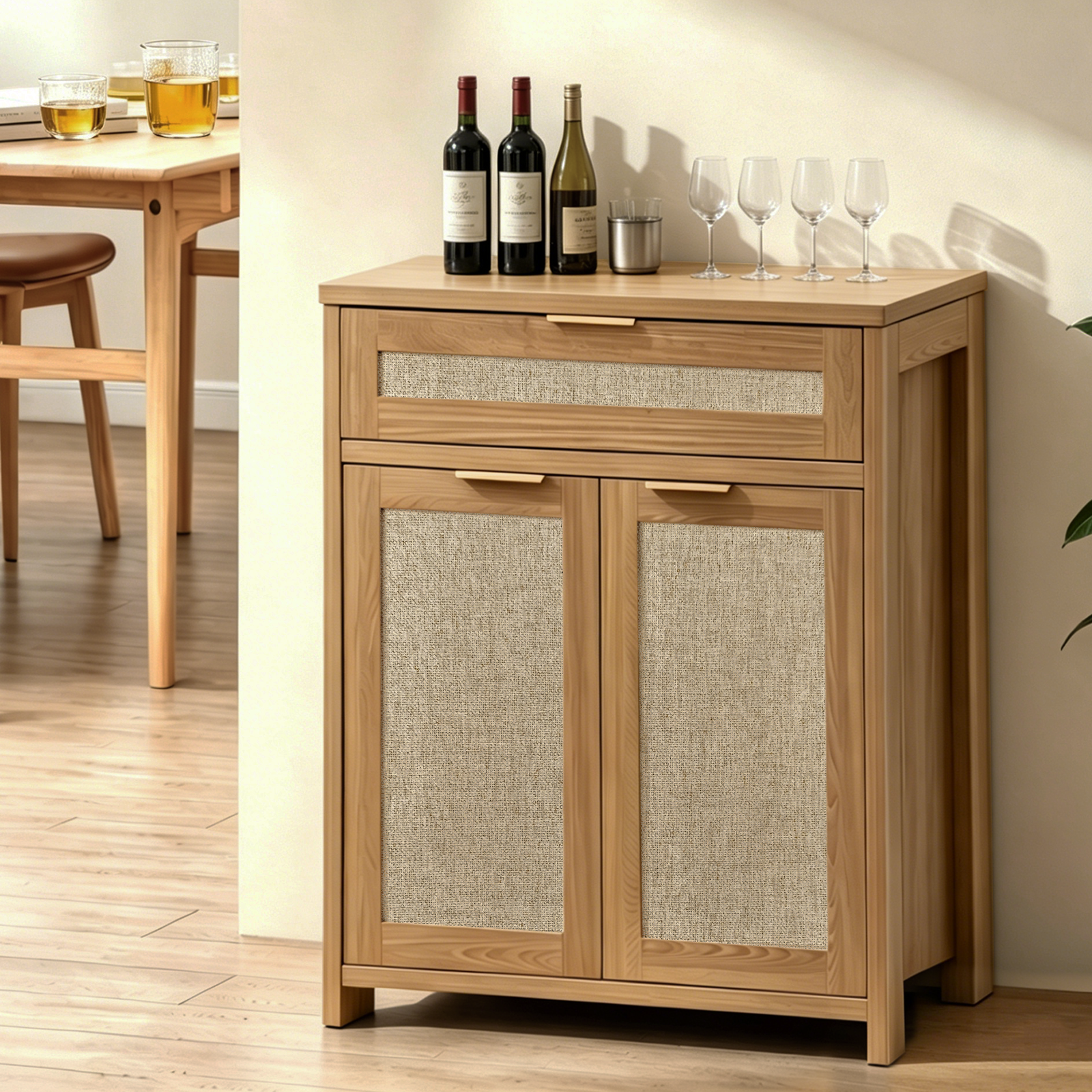 Aparador buffet de ratán estilo rústico con estante ajustable y cajón
