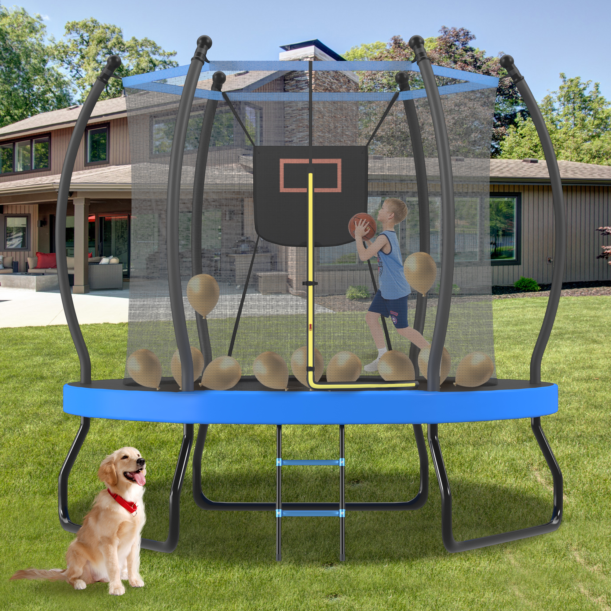 8FT Trampoline With Basketball Hoop, Enclosure Net And Ladder, Outdoor Trampoline For Kids, Recreational Backyard Trampoline