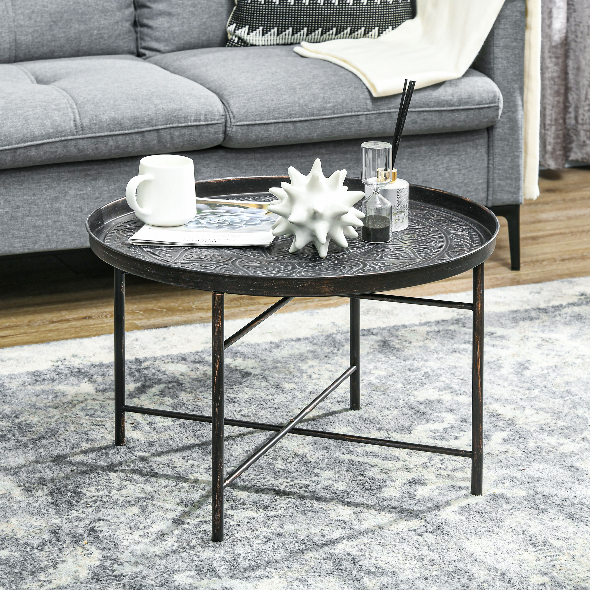 Coffee Table for Living Room, 24" Round Center Table with Hammered Tray Top and Metal Frame for Bedroom, Pewter