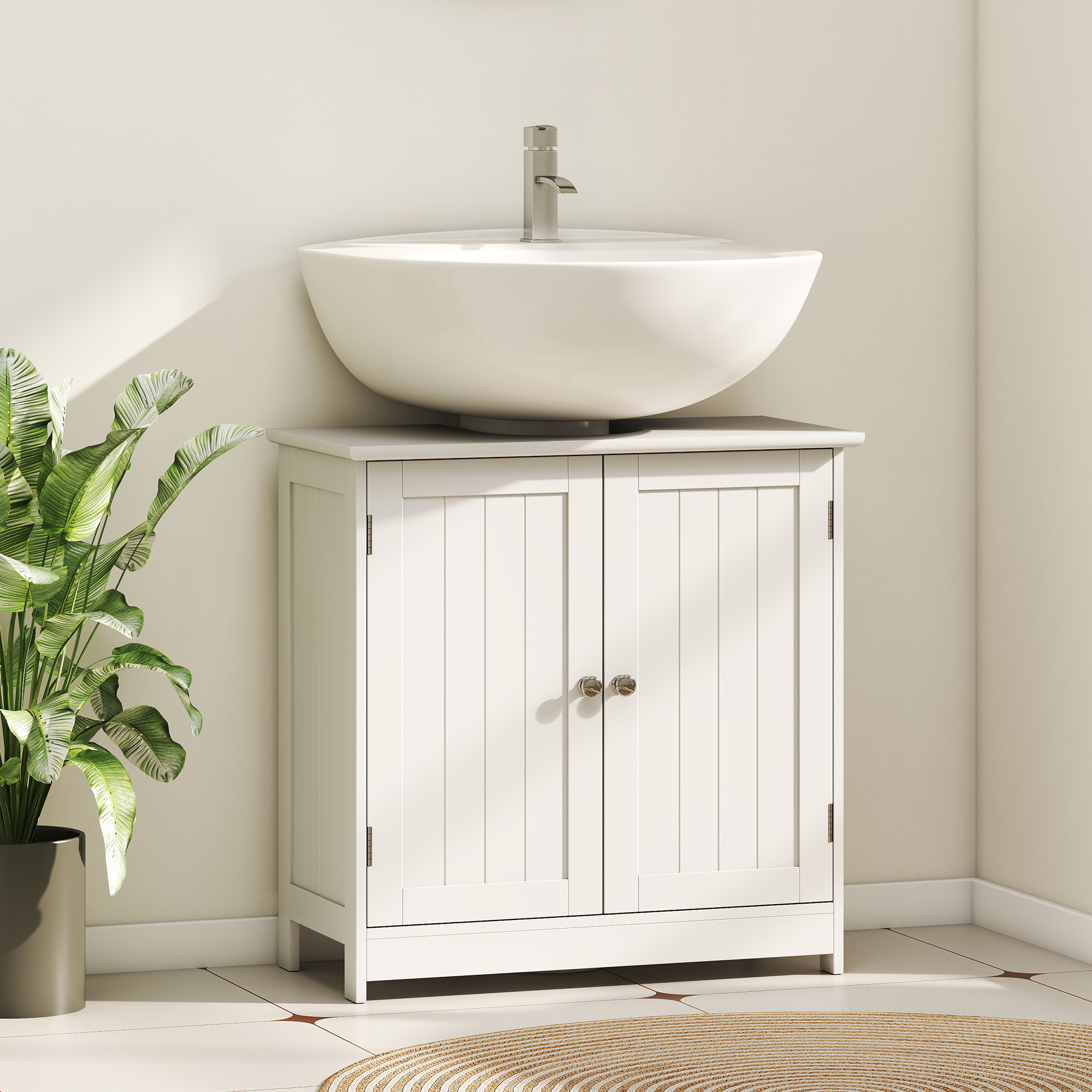 Gabinete bajo lavabo de pedestal con 2 puertas, estante y recorte en U, blanco