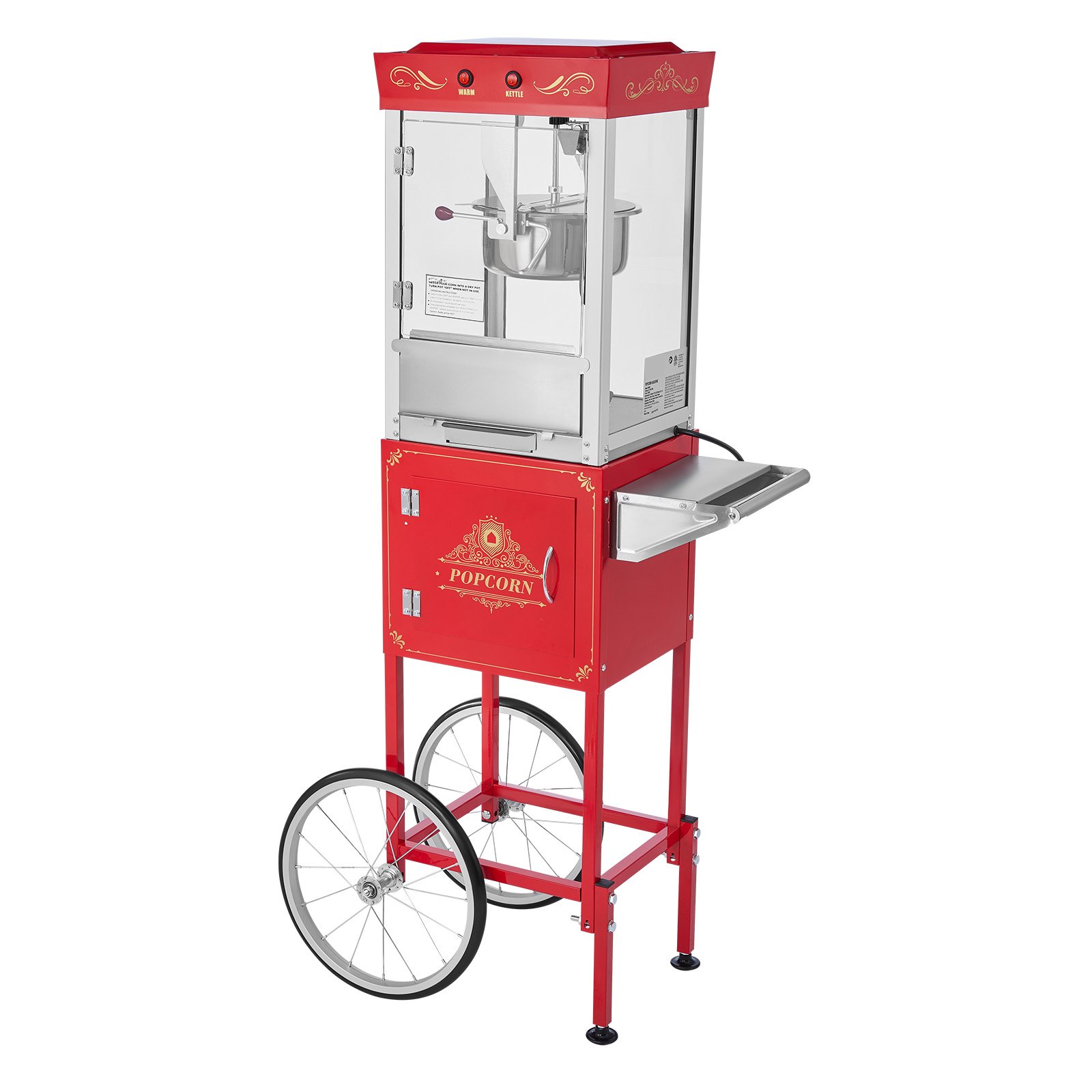 Popcorn Machine With Cart, 8oz Stainless Steel Kettle, 800W Commercial Popcorn Maker, 48 Cups Per Batch Theater Style Popper, With 2-Button Control Glass Wall PC Door 1 Scoop 3 Spoons, Red