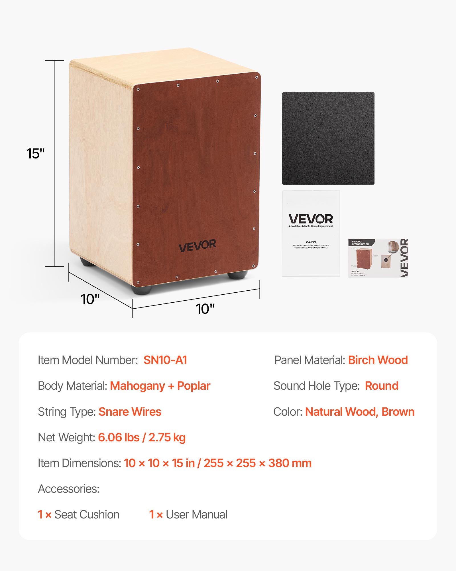 Cajon Box Drum Wooden Birchwood Compact Percussion Instrument With Snare Wires