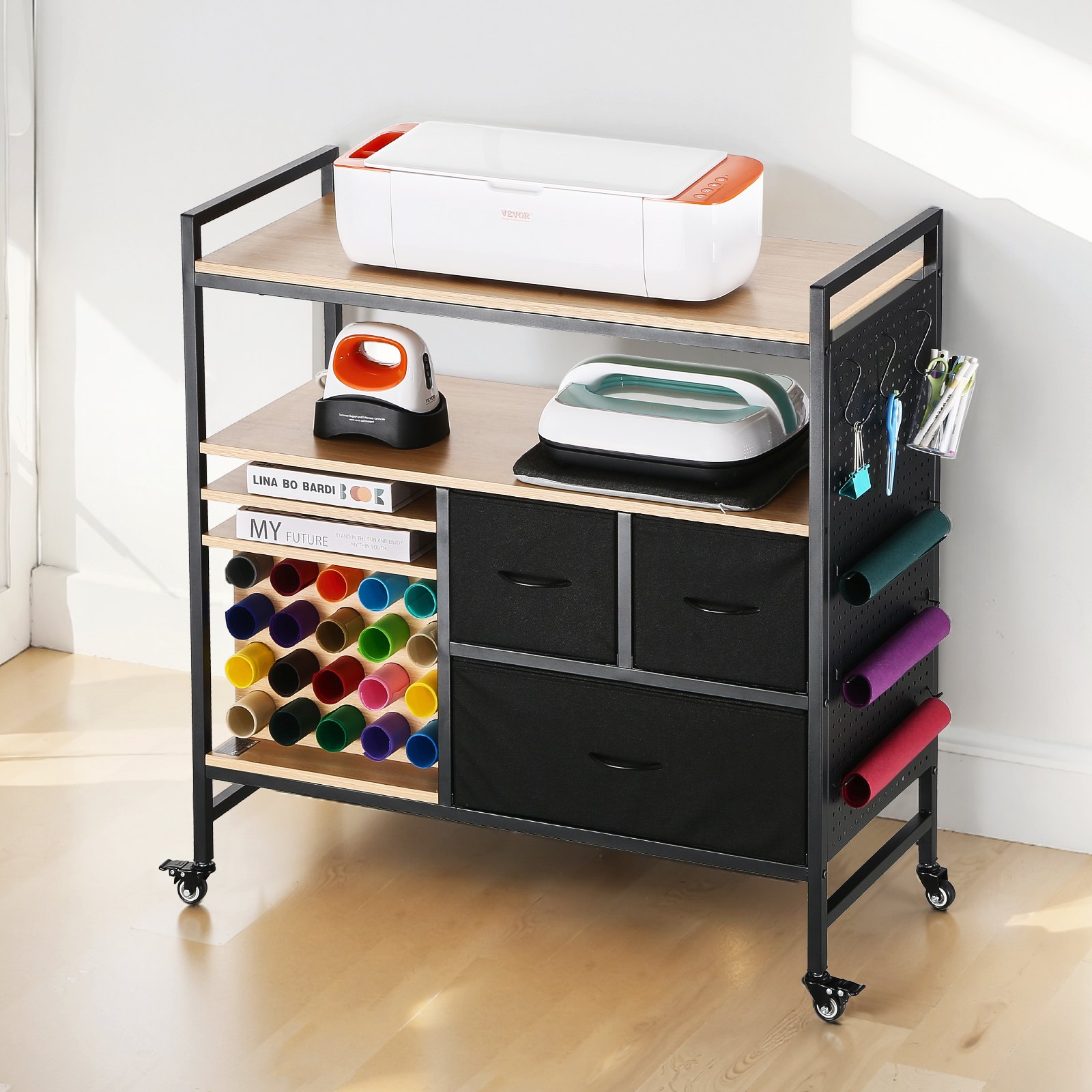 Carrito Organizador con Ruedas para Manualidades, 20 Soportes de Vinilo, 3 Cajones, Negro