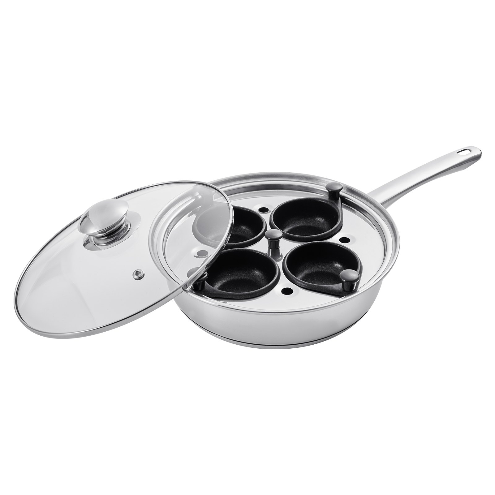 Egg Poacher Pan, 4-Cup Poached Egg Maker, Stainless Steel Poaching Pan And Frying Skillet, With 4 Nonsitck Detachable Large Cups, Lid, And Silicone Spatula, Compatible With Induction Stovetop