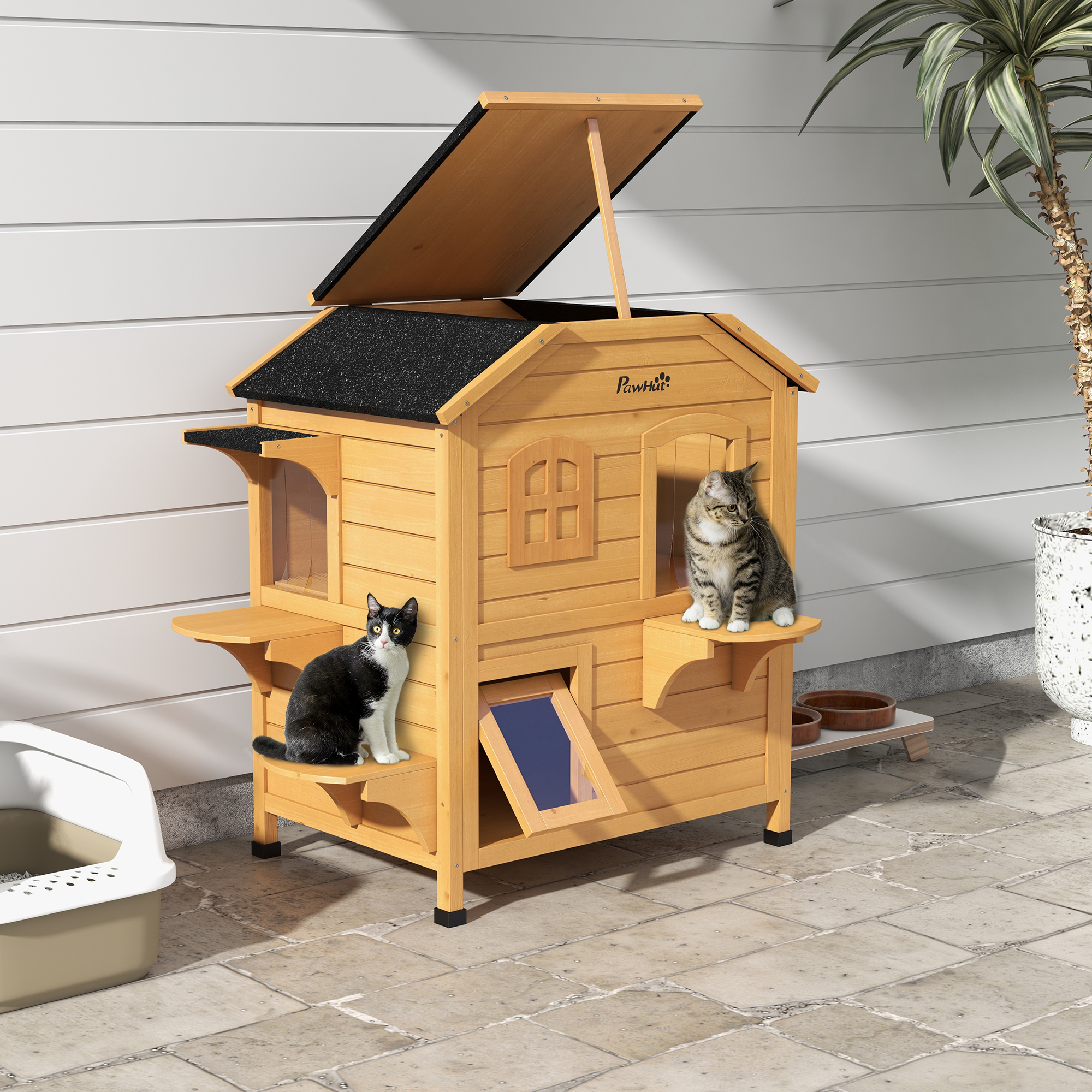 Casa de madera para gatos exterior de 2 pisos, resistente, techo abrible, natural