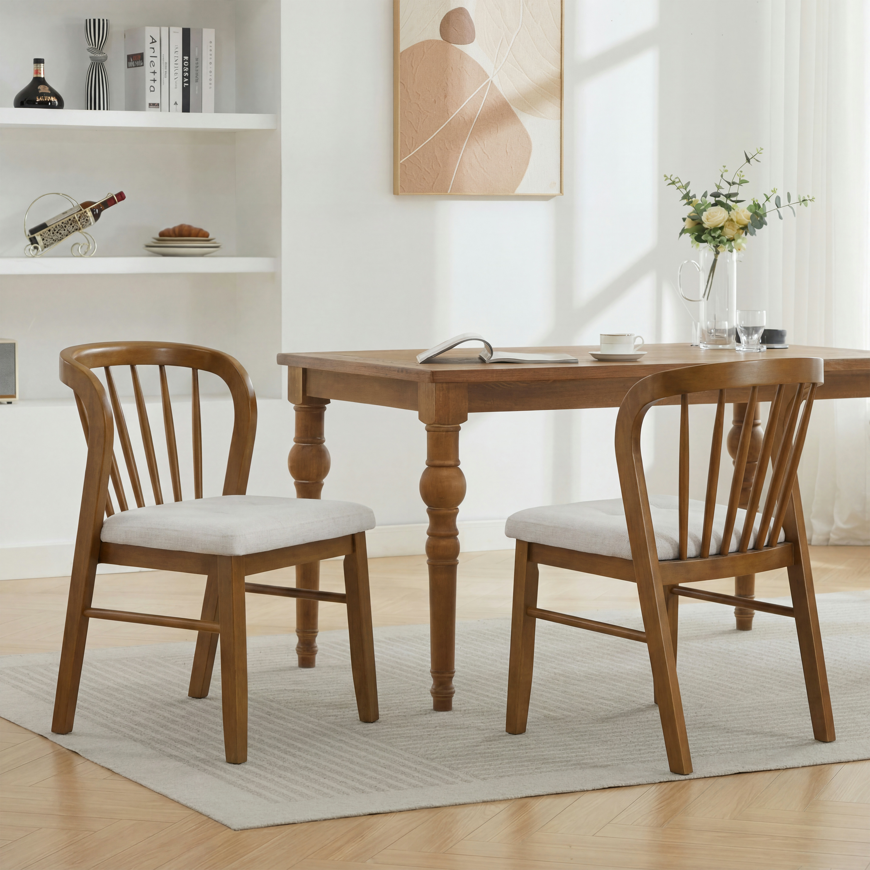 Mid-Century Modern Rubber Wood Dining Chair With Upholstered Seat (Set of 2) ,Walnut +Beige