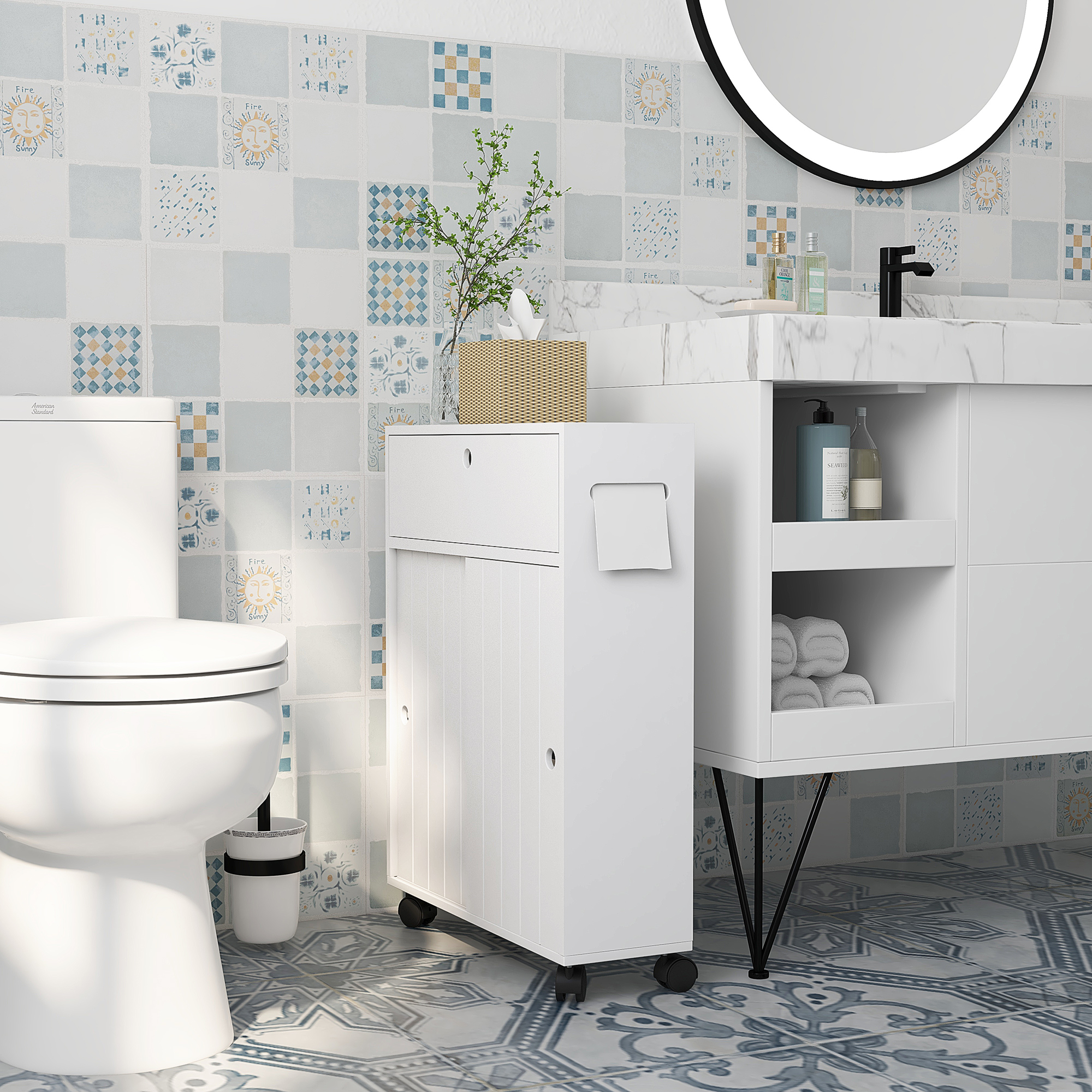 Gabinete delgado para papel higiénico con 4 ruedas y puertas corredizas, Blanco