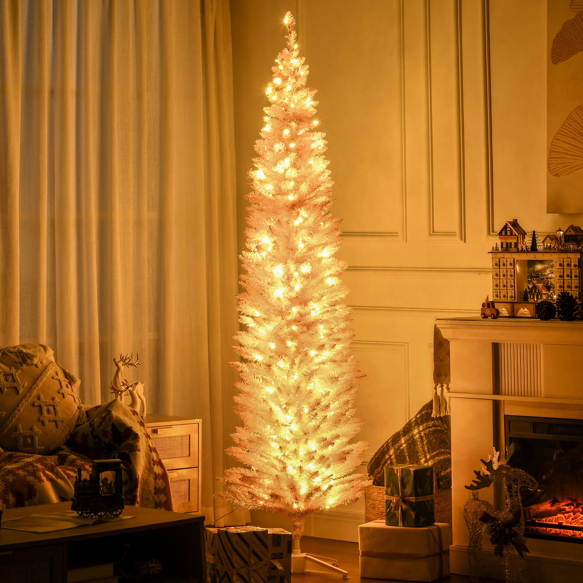 Árbol de Navidad artificial tipo lápiz, 7 pies, luces LED blanco cálido, rosa