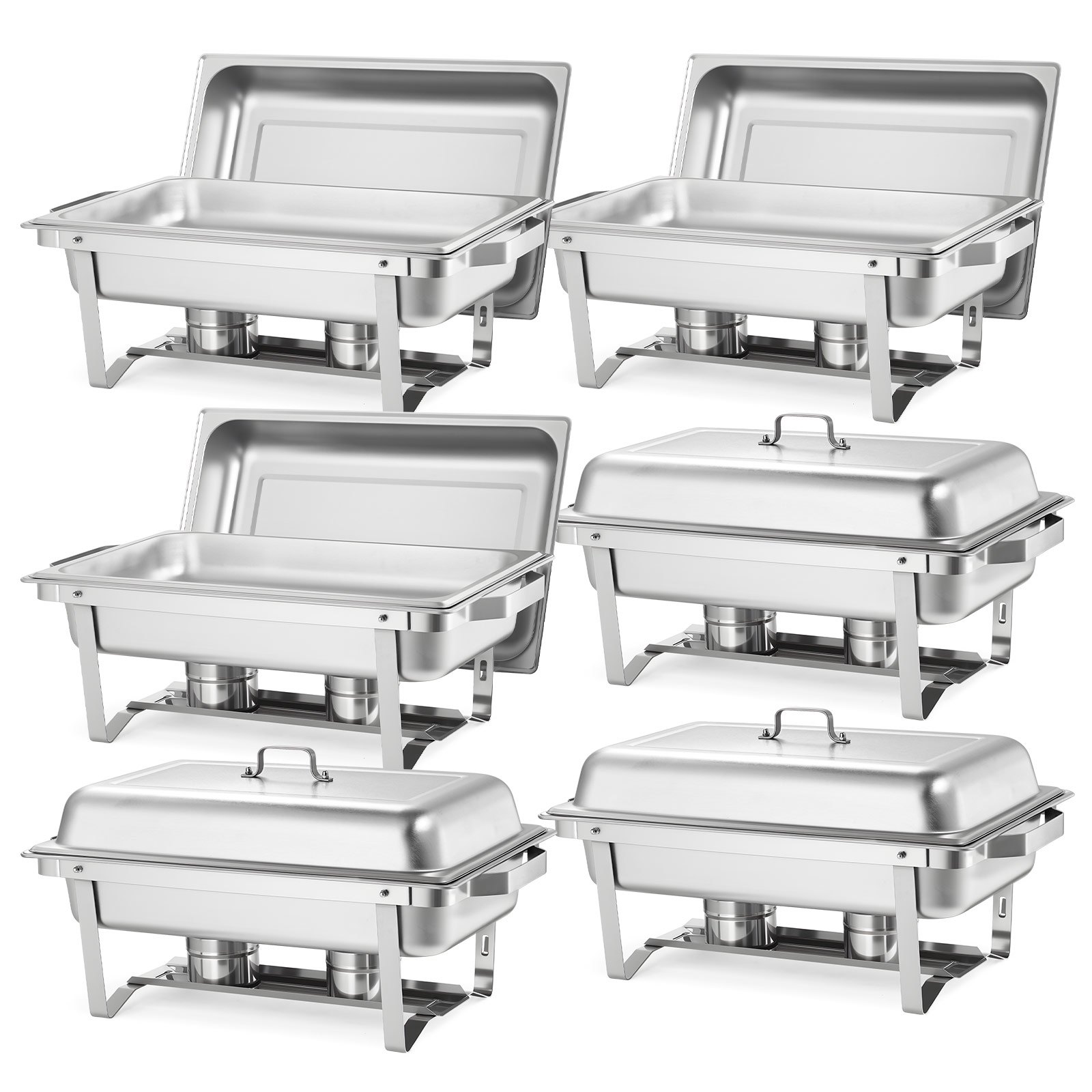 Rectangle Chafing Dish, 9 Qt 6 Pack Stainless Steel Chafing Dish, Food Warmer Chafer Complete Set With Hollow Handle, 3 Food Tongs, Lid, Fuel Holder, Chafer Dishes For Banquet Party Wedding