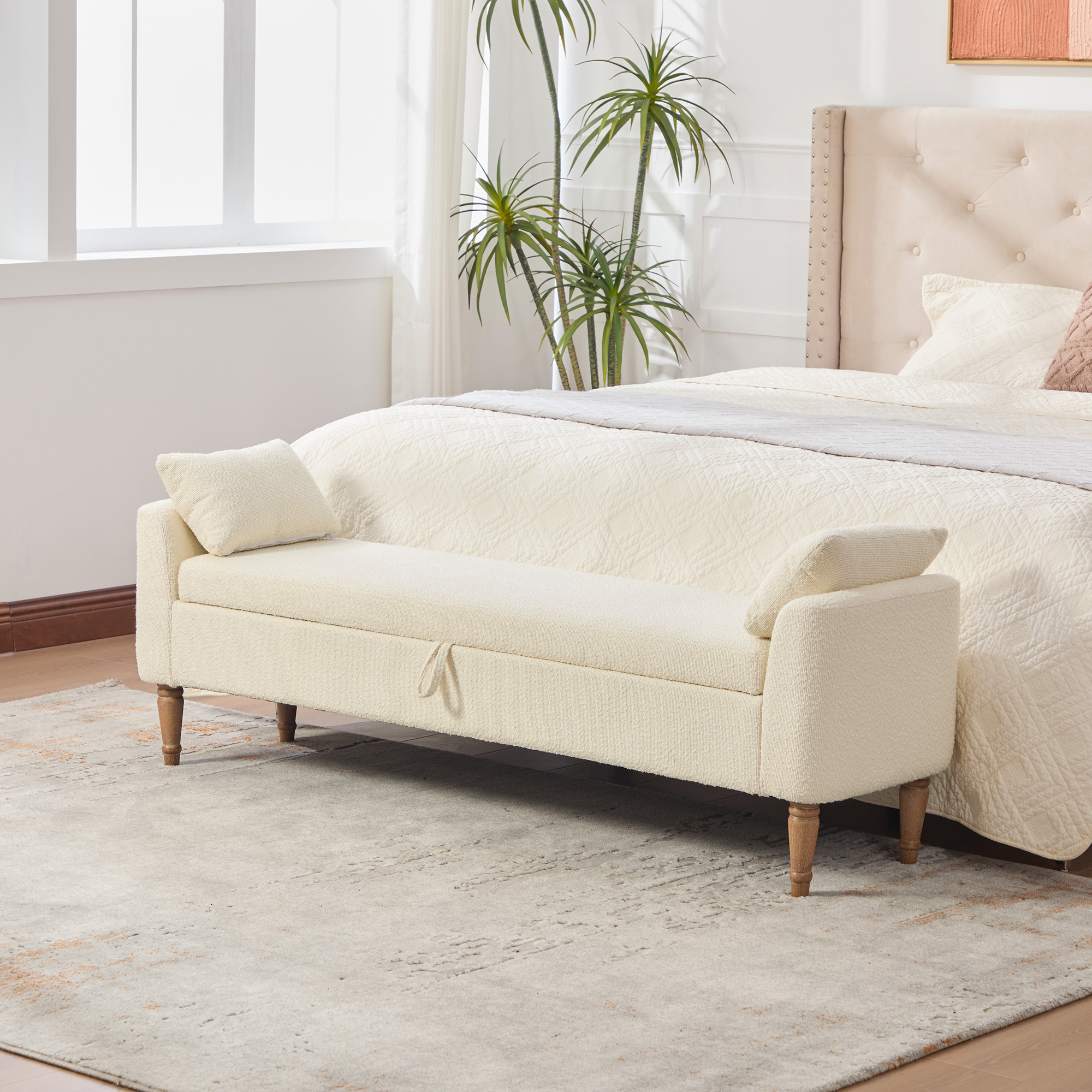 65.94" Wide Modern Upholstered  Boucle fabric Storage Bench, Bed End Foot Stool With Armrest&2 Bolster  Pillows, Bench Daybed With Rubberwood Legs For Living Room, Entryway, Dormitory, Bedroom, Beige