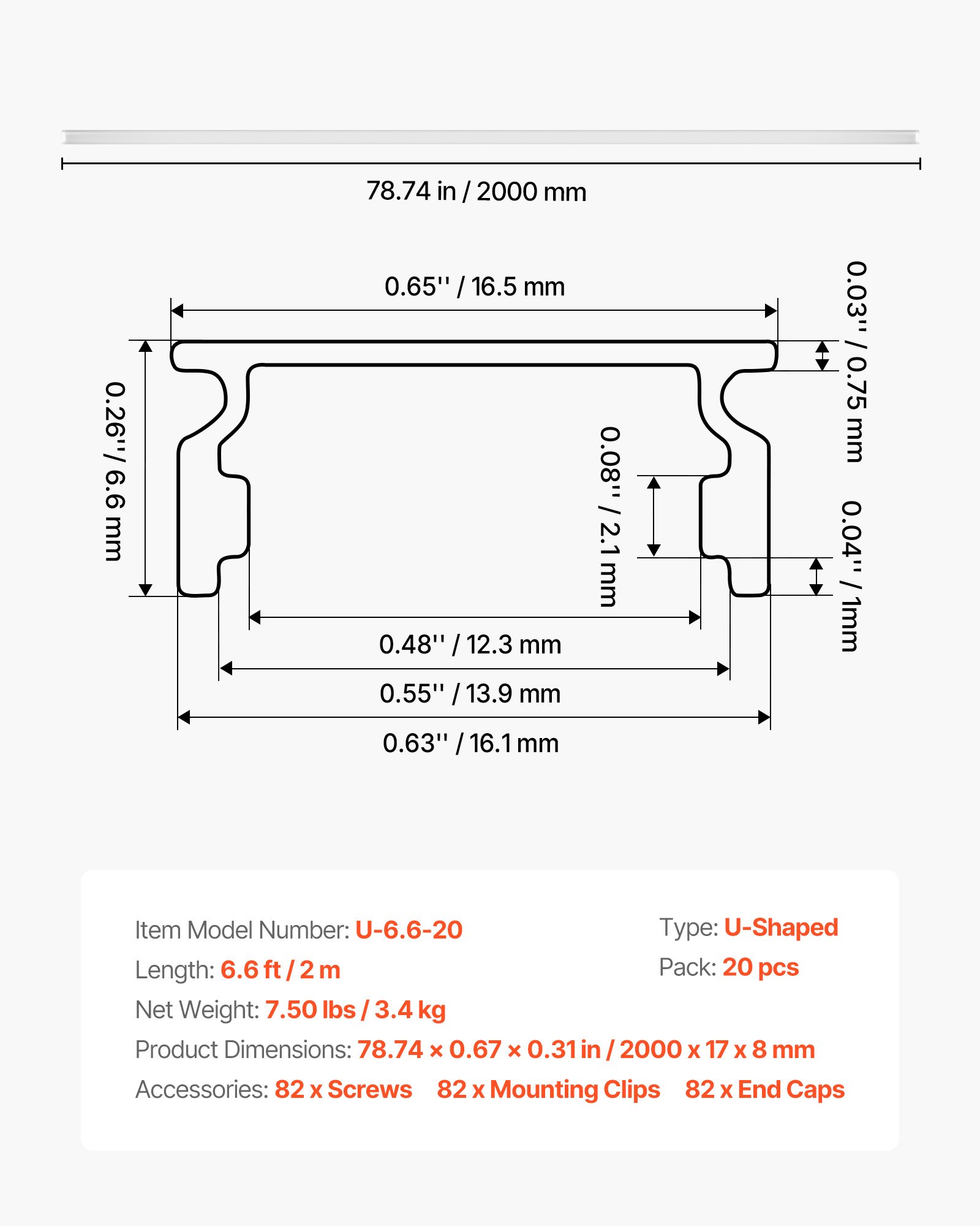 Canal de aluminio LED en U, 20 unidades, 6.6 pies/2M, con cubierta lechosa y clips