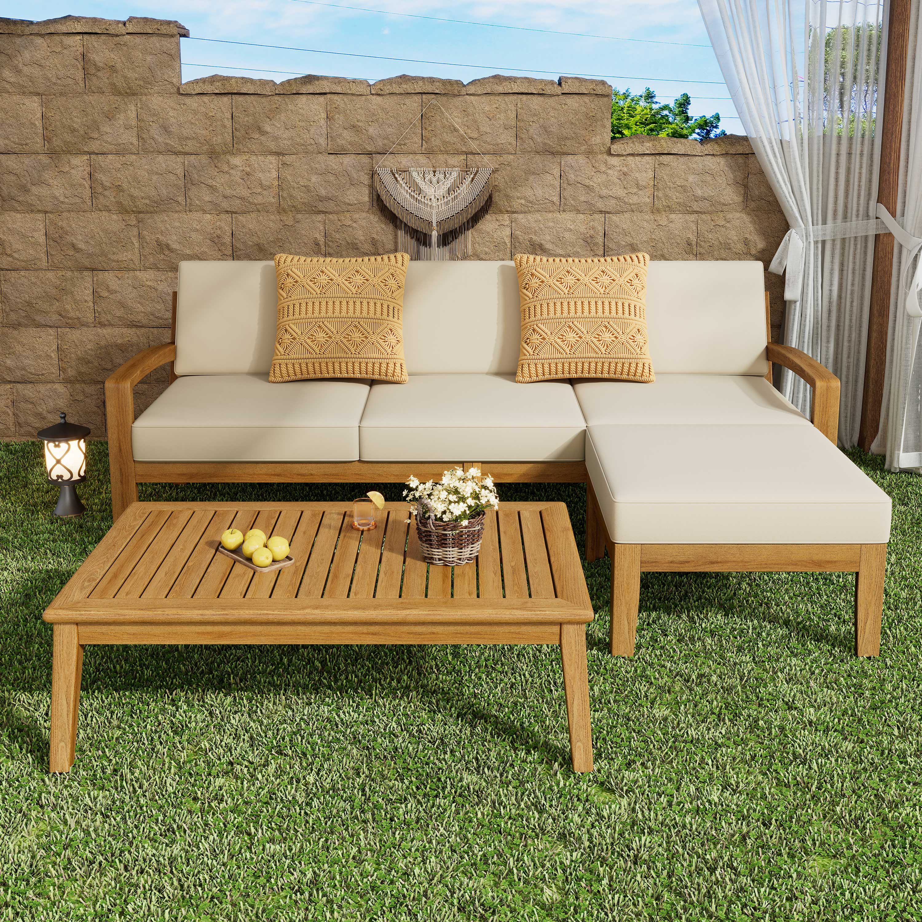 Sofá Seccional para Patio GRENADA en L, 3 piezas de Acacia