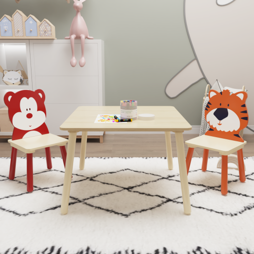 Juego de mesa para niños de madera maciza con 2 sillas