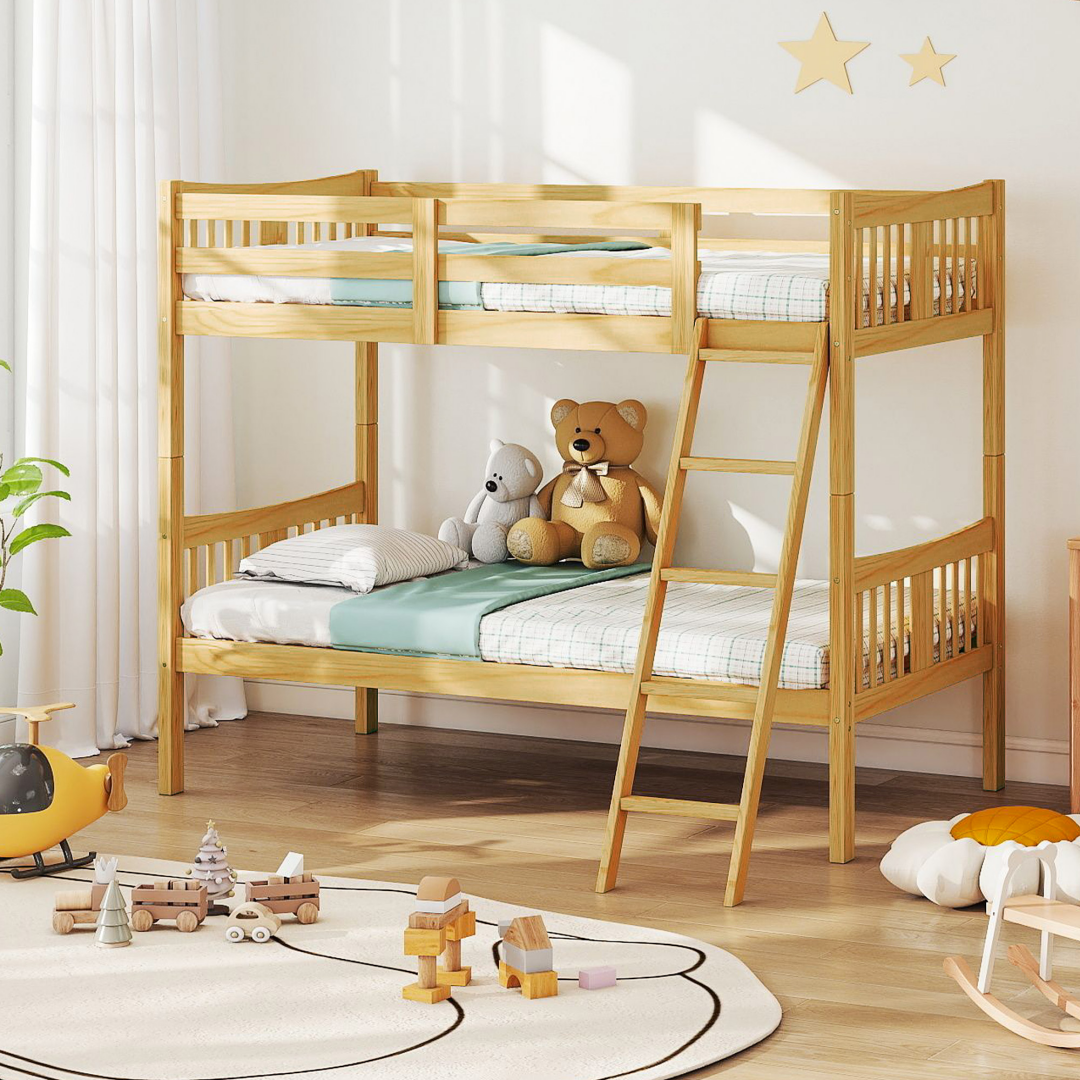 Litera Doble Tipo Loft de Madera Sólida con Escalera y Barandilla.