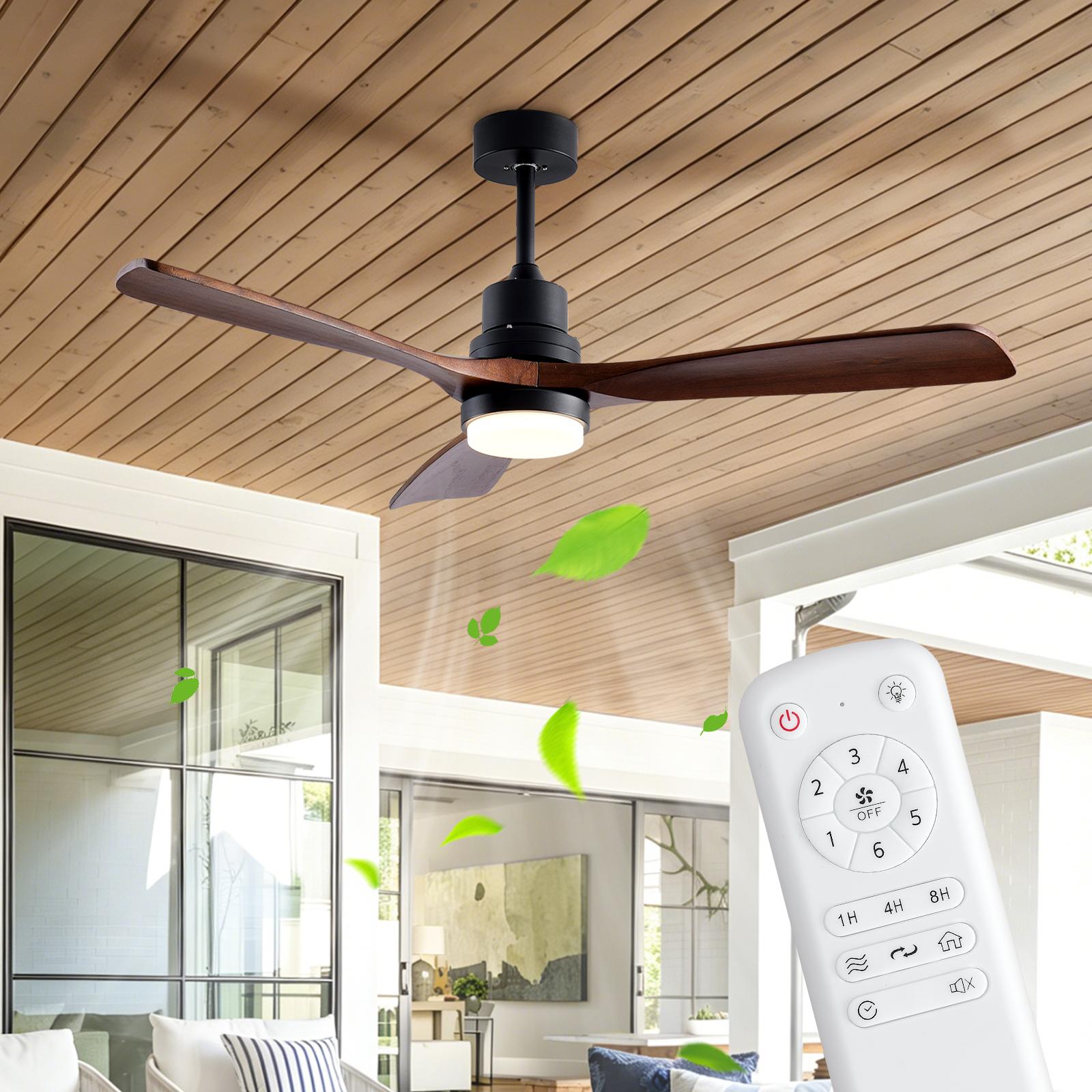 52" Wooden Ceiling Fans with Lighted Remote Control, Indoor Outdoor Wooden Ceiling Fan, Outdoor Modern Ceiling Fan with 3 Fan Blades for Patio, Living Room, Farmhouse, etc (Black + Walnut)