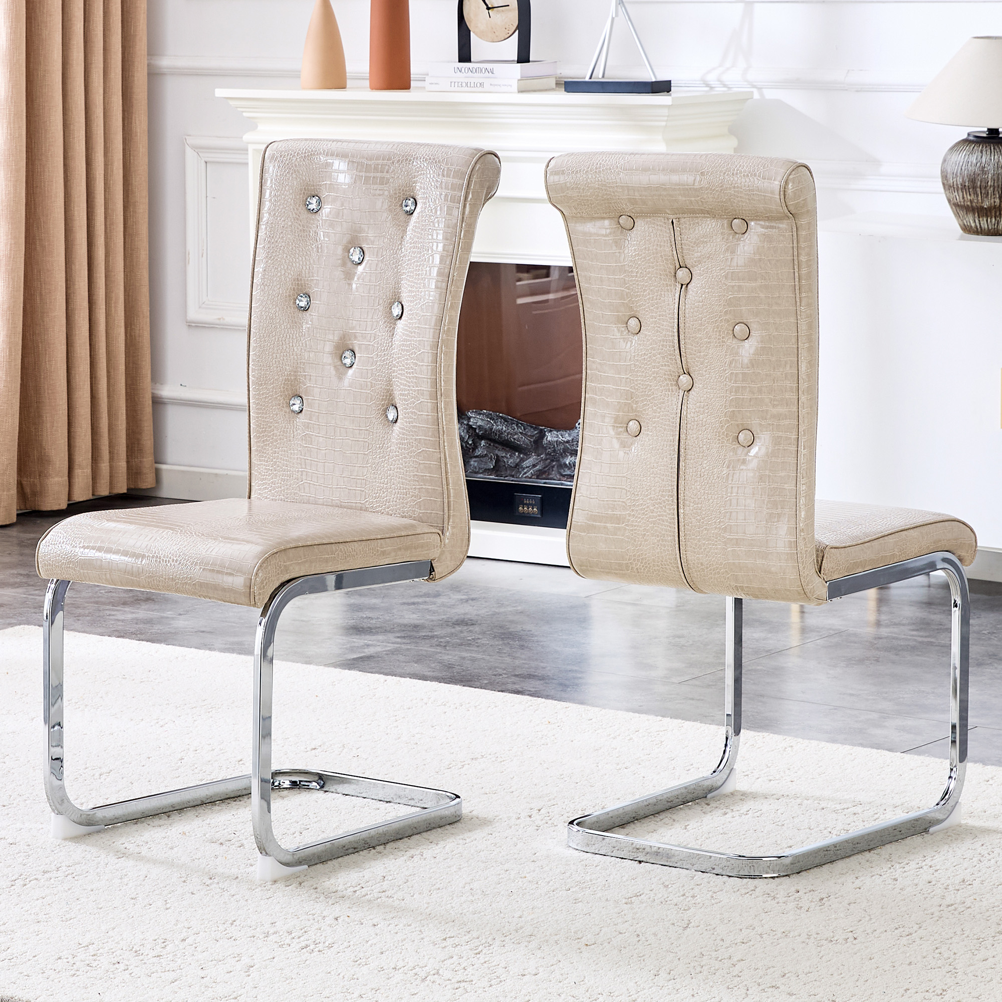 Set Of 2,Retro Alligator Skin Upholstered Dining Chairs,with Crystal Buckle Design And Faux Leather Design,a Touch Of Elegance And Mystery To The Dining Area,Electroplated Metal Bow Leg