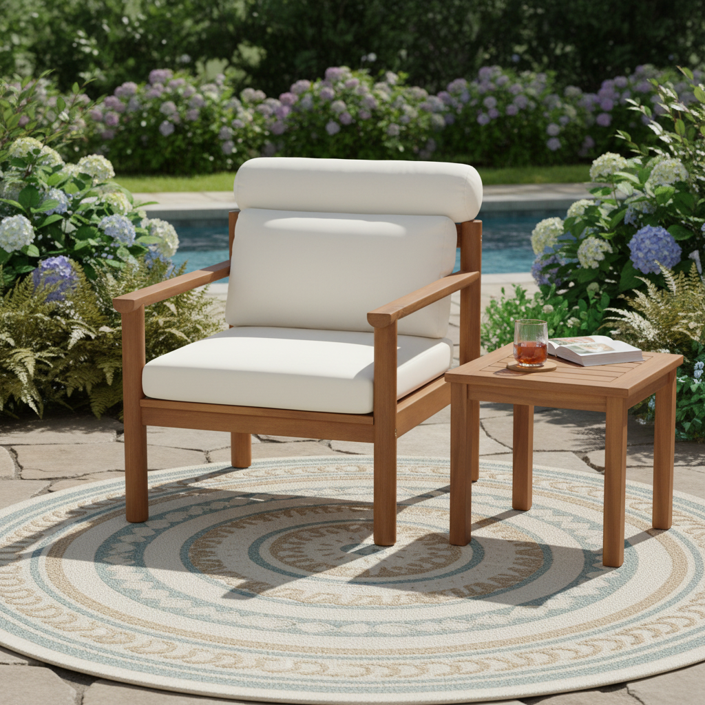 28" Mid-Century Modern Acacia Wood Outdoor Patio Chair, Weather-Resistant Deep Seating Lounge Chair with Bolster Pillow & Thick Cushions, Solid Wood Frame Accent Chair for Backyard, Poolside & Deck