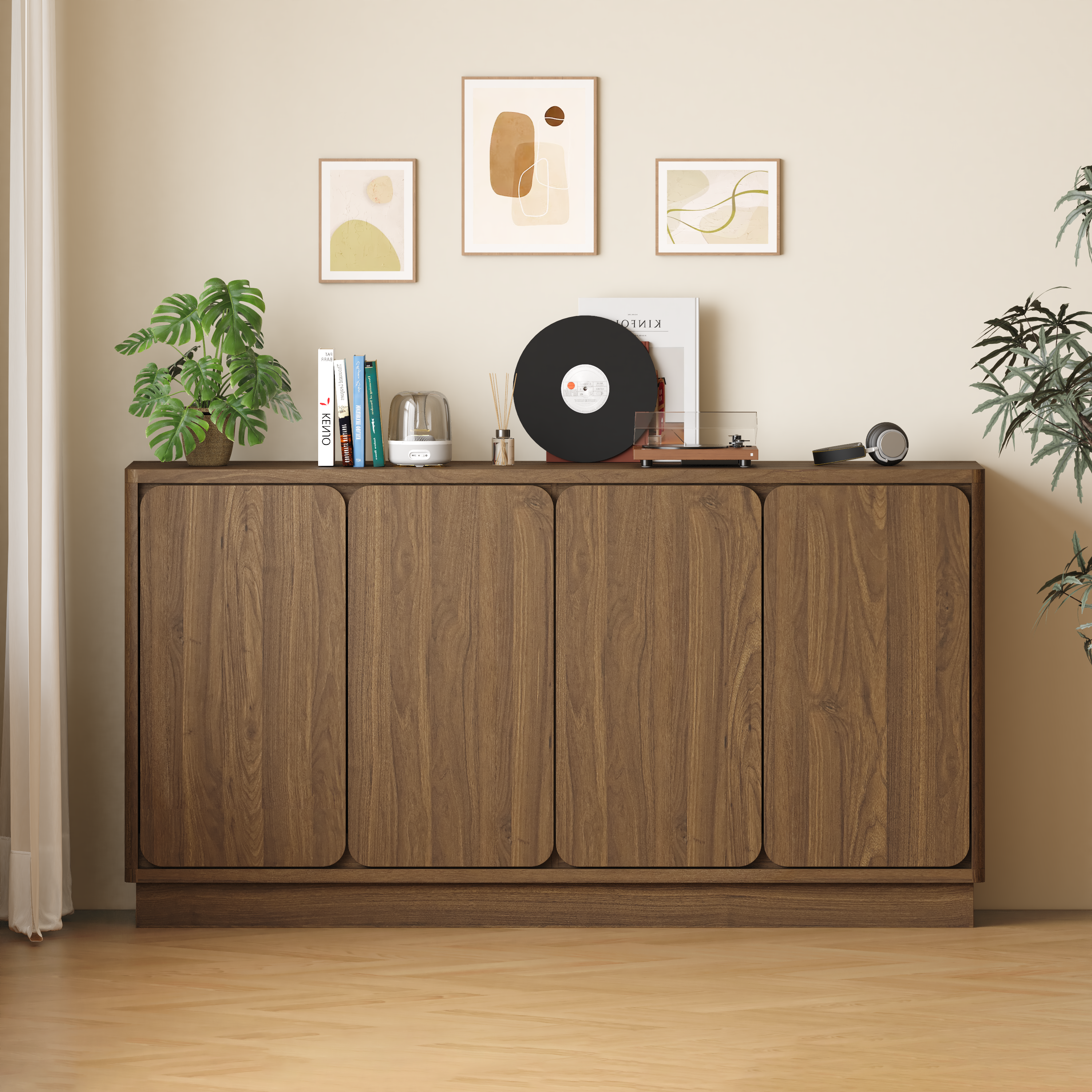 59.1 Inch Walnut 4-Door Sideboard Buffet Cabinet, Particle Board Storage Credenza with Adjustable Shelves, Wide Console Storage Cupboard for Dining Room, Kitchen, Living Room & Entryway