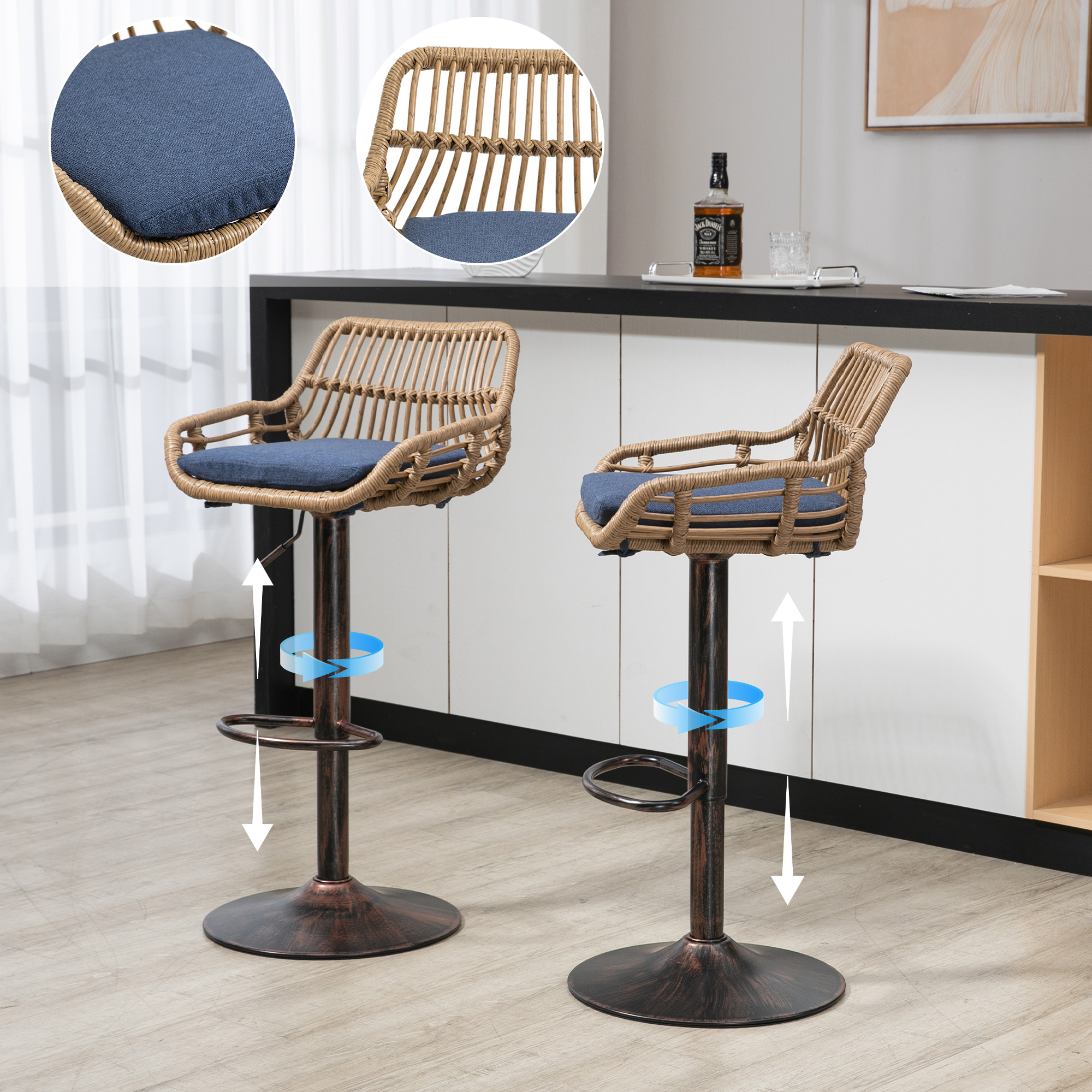 Modern Swivel Bar Stools Set Of 2 Adjustable Counter Height Chairs With Footrest For Kitchen, Dining Room  Blue