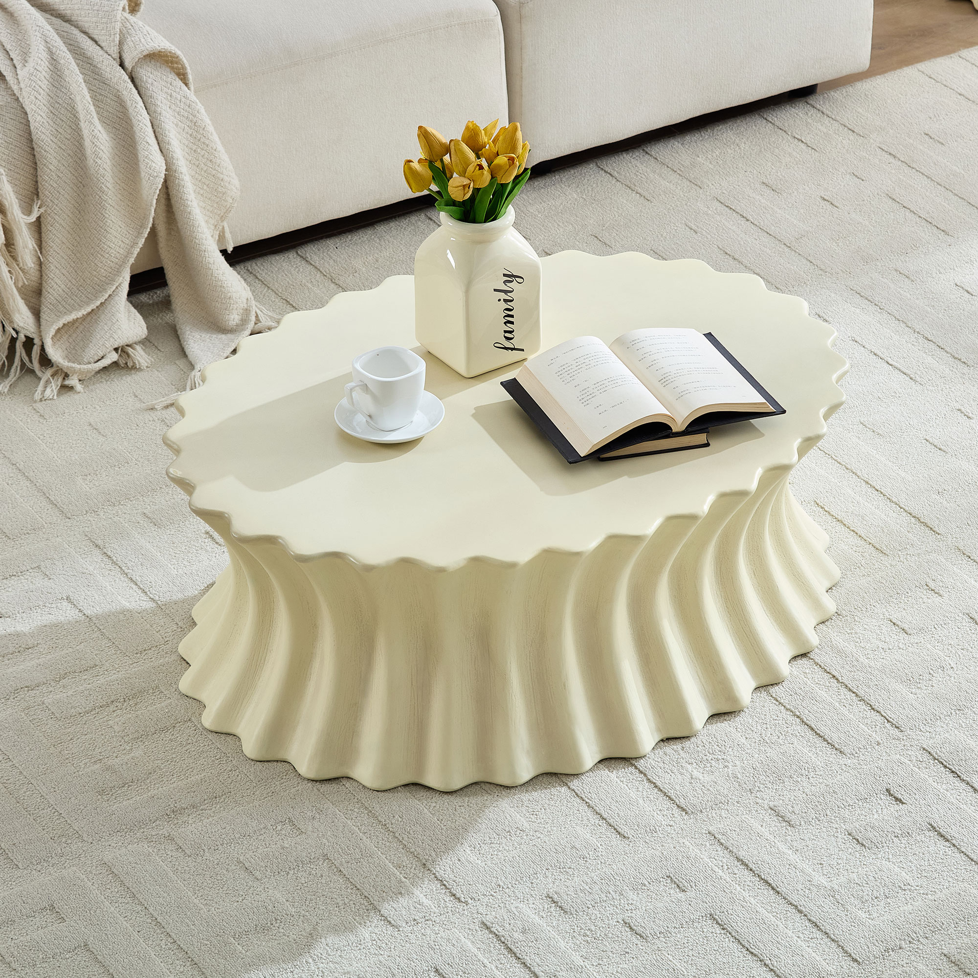 35.04 Inch Oval Coffee Table Vintage Sturdy Fiberglass Table For Living Room Apartment Office No Need Assembly Beige