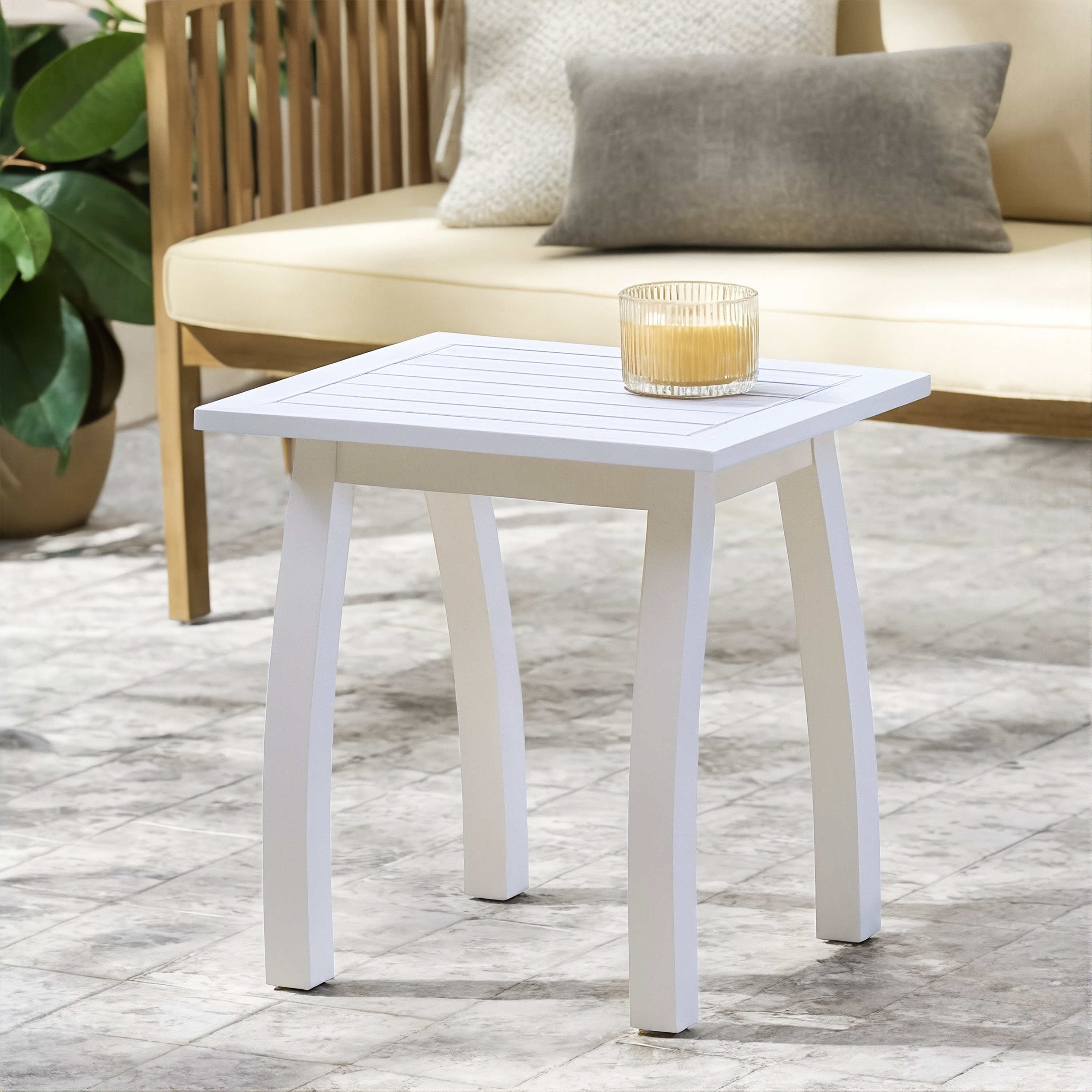 SELMA Acacia Wood Accent Side Table In White PU, Weather-Resistant Rectangular End Table For Patio, Garden, Lawn, And Living Room White PU