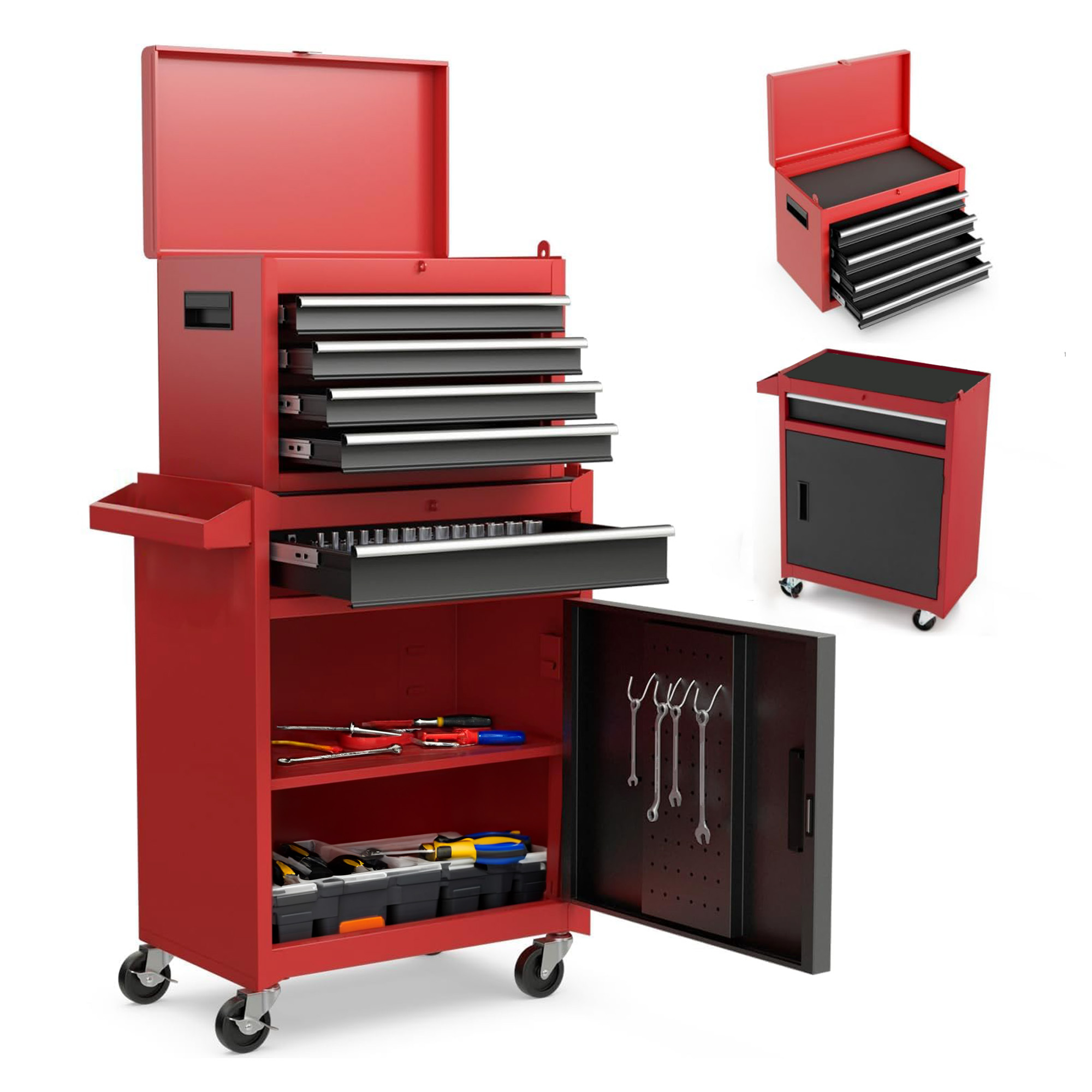 Tool Chest, 5-Drawer Rolling Tool Storage Cabinet With Detachable Top Tool Box, Liner, Universal Lockable Wheels, Adjustable Shelf, Locking Mechanism, Metal Tool Cart For Garage Workshop
