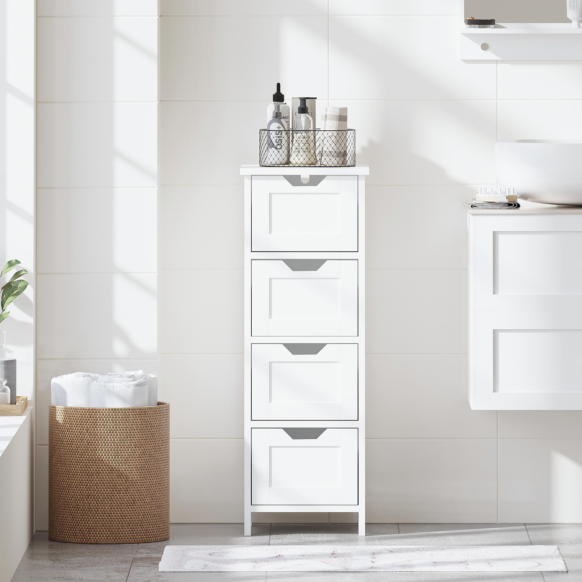 Gabinete de piso para baño, de madera, 4 cajones, organizador de almacenamiento, blanco.