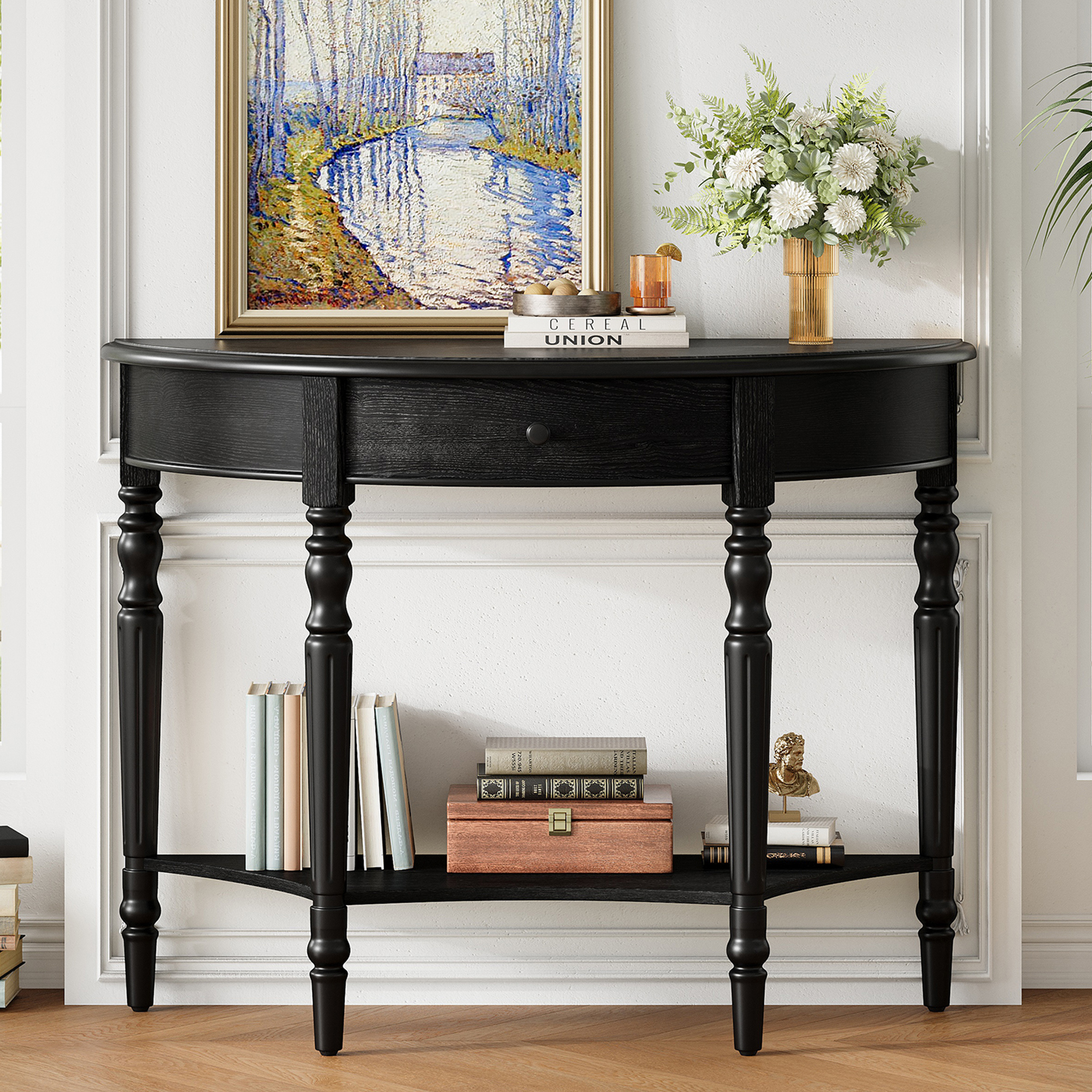 TREXM Farmhouse Half Moon Console Table With Drawer & Shelf - Rustic Accent Table  Sofa Table For Entryway  Living Room  Hallway And Foyer  Black