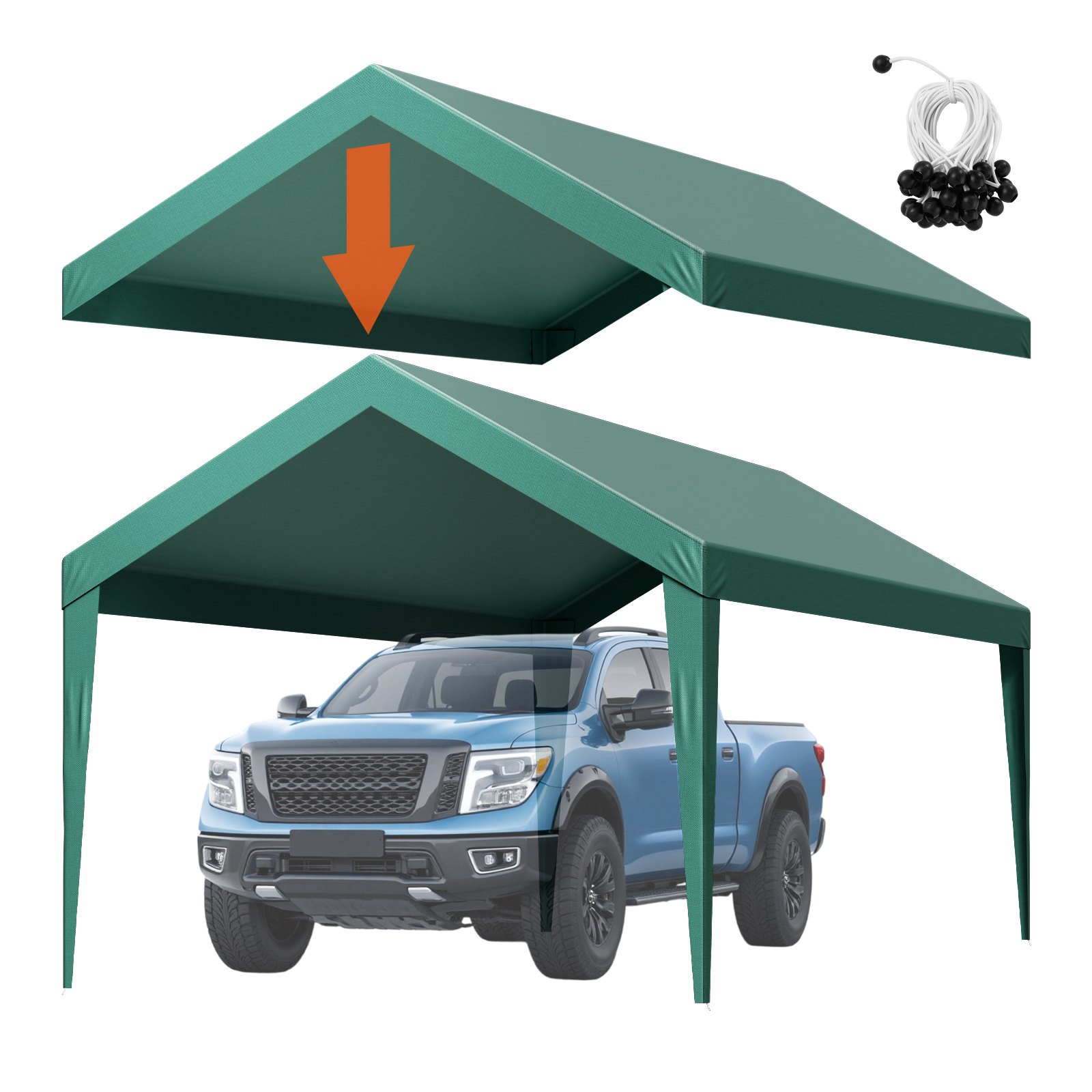 Carport Replacement Canopy, 10 X 20 Ft Potable Garage Tent Top Tarp, UV-Resistant & Waterproof Car Shelter Tarp, Heavy Duty Car Port Cover With Ball Buggees, Dark Green, Frame Not Included