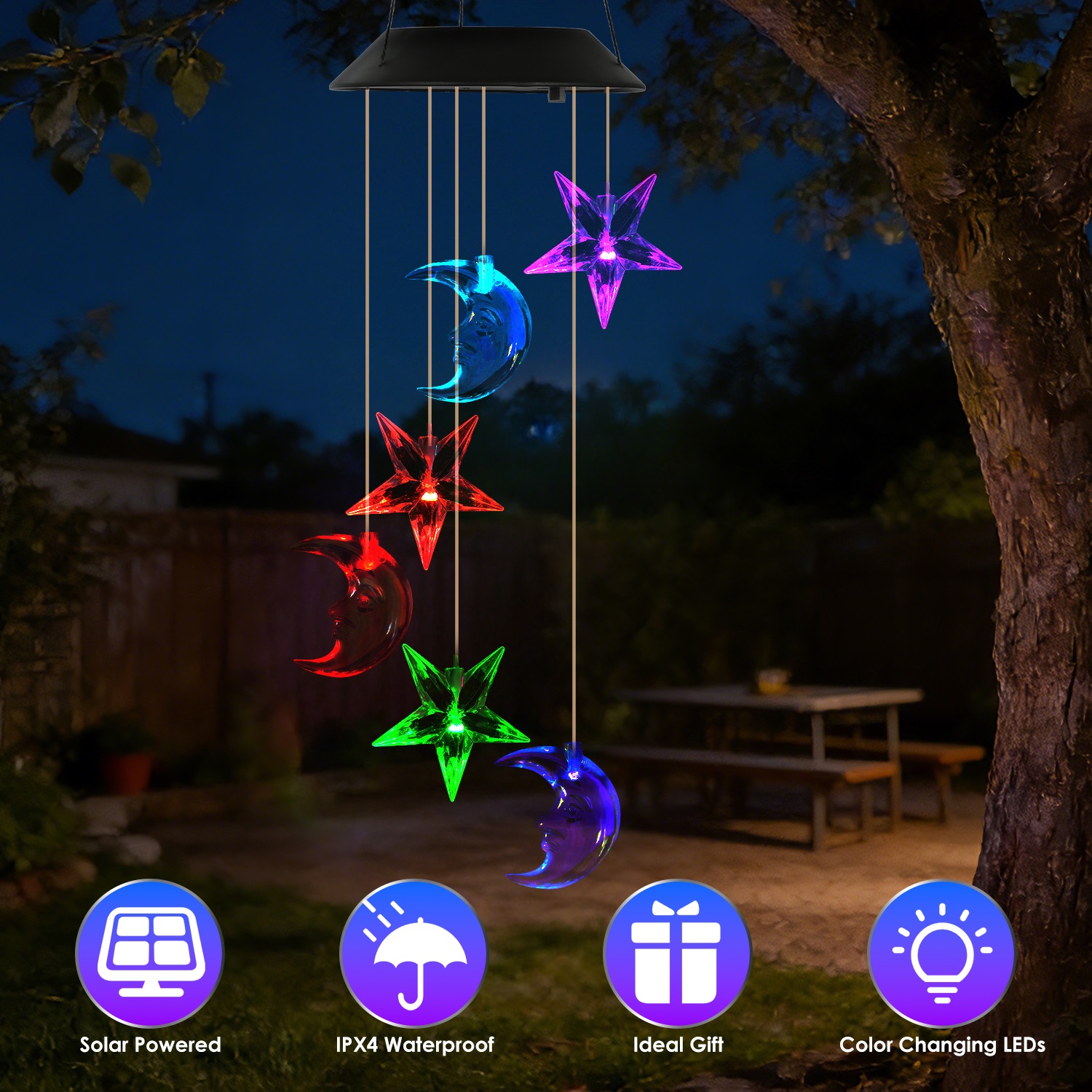 Campana de viento solar con luna y estrella, 7 colores, IPX4 impermeable