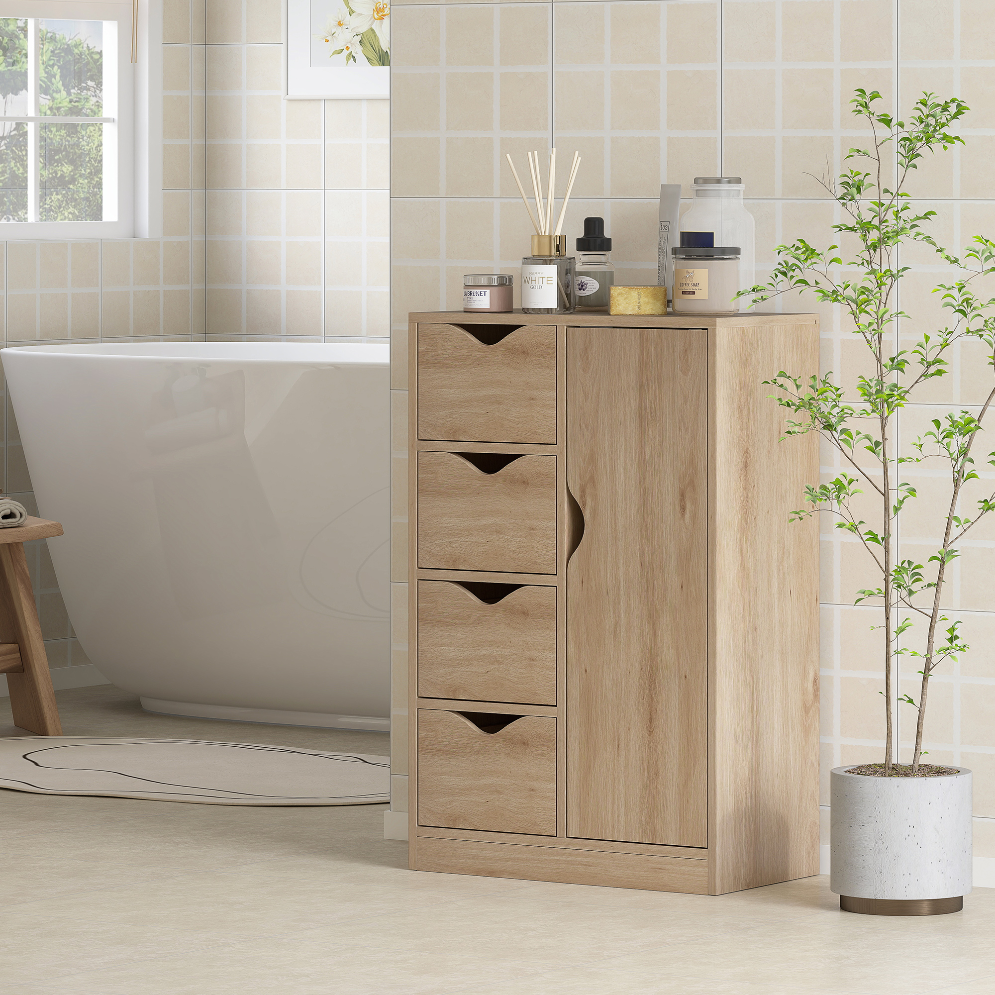 Gabinete de almacenamiento independiente para baño, 4 cajones y puerta, roble