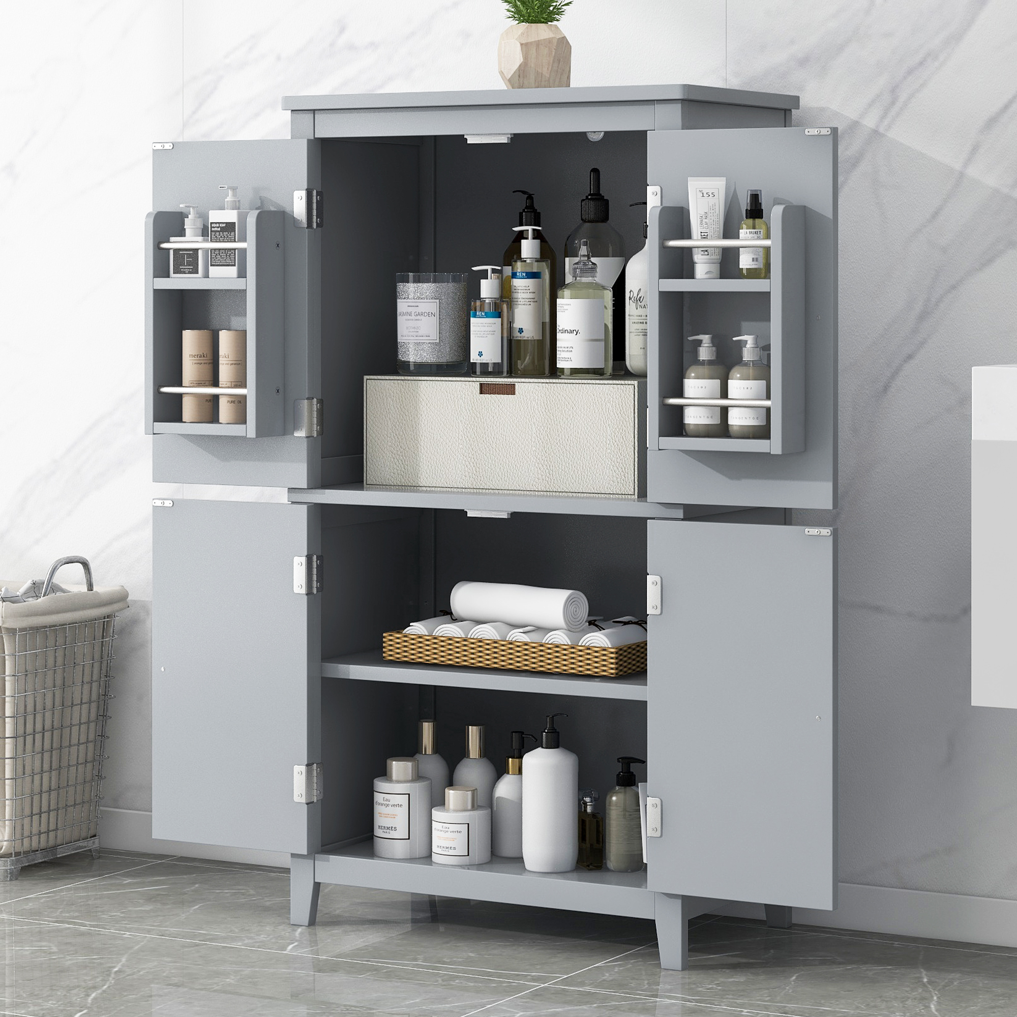 Elegant Bathroom Floor Storage Cabinet, Bathroom Storage Unit, Freestanding Cabinet With 4 Doors, Adjustable Shelves, Adaptable Shelves, Grey