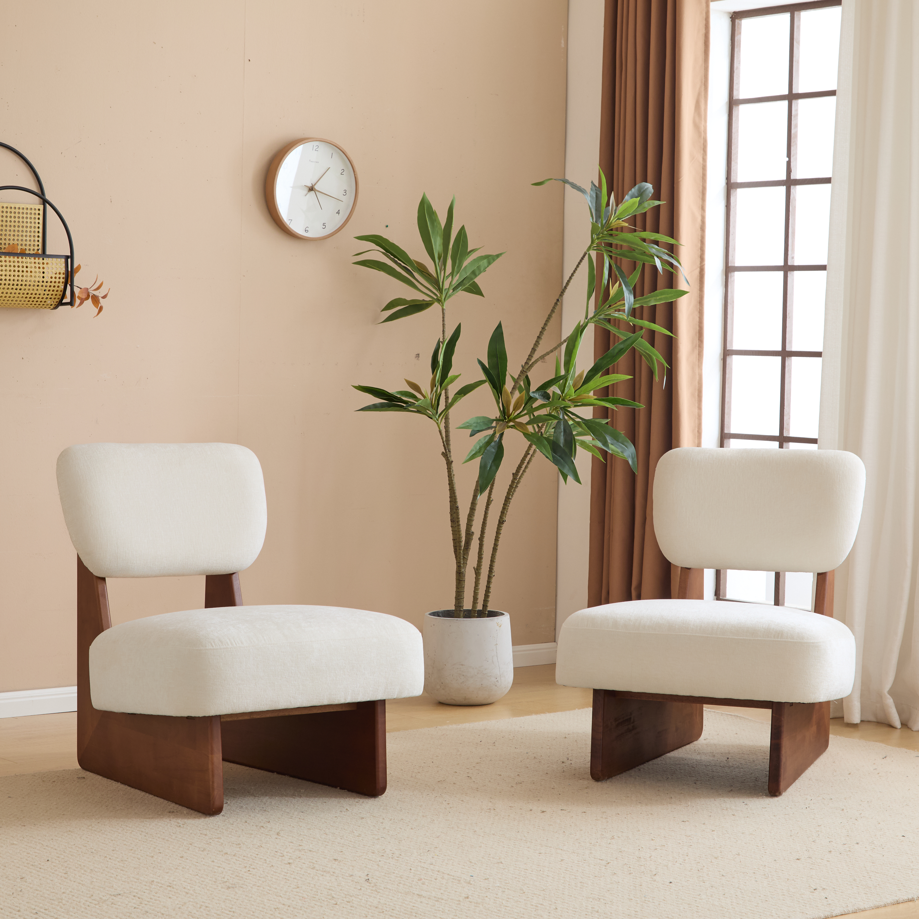 Modern Beige Lounge Chair With Polyester Upholstery, Sturdy Wood Base With Walnut Finish, Minimalist And Stylish Accent Seating For Living Room, Bedroom, Or Office