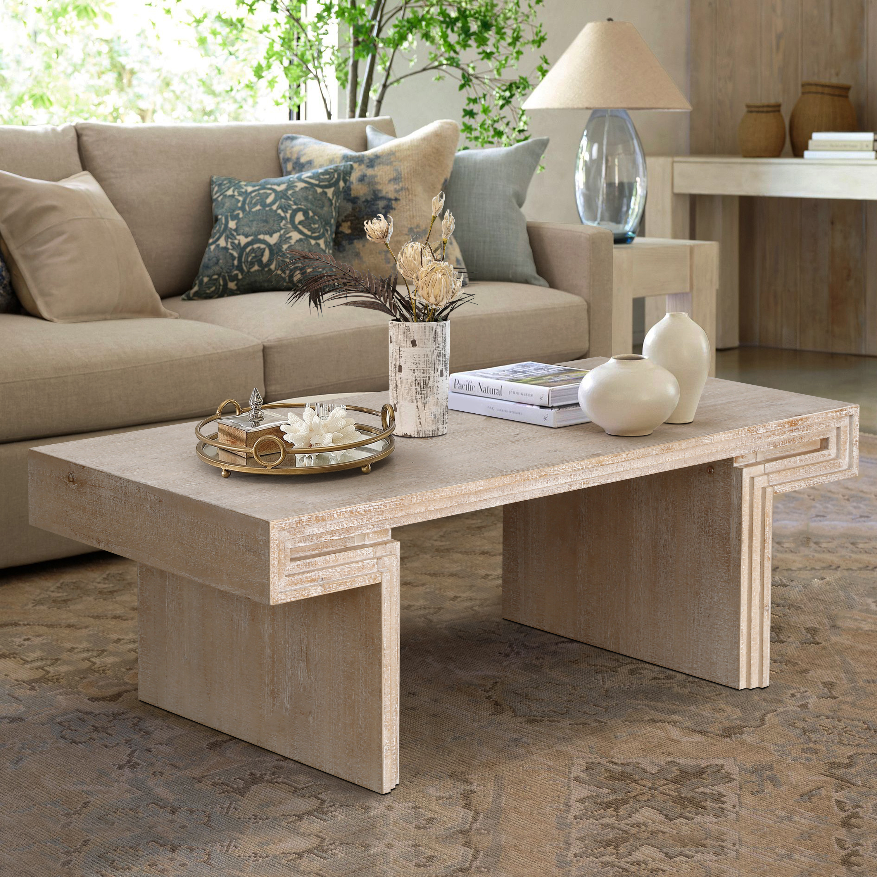 Mesa de centro vintage industrial, madera recuperada, rectangular, doble nivel, rústica