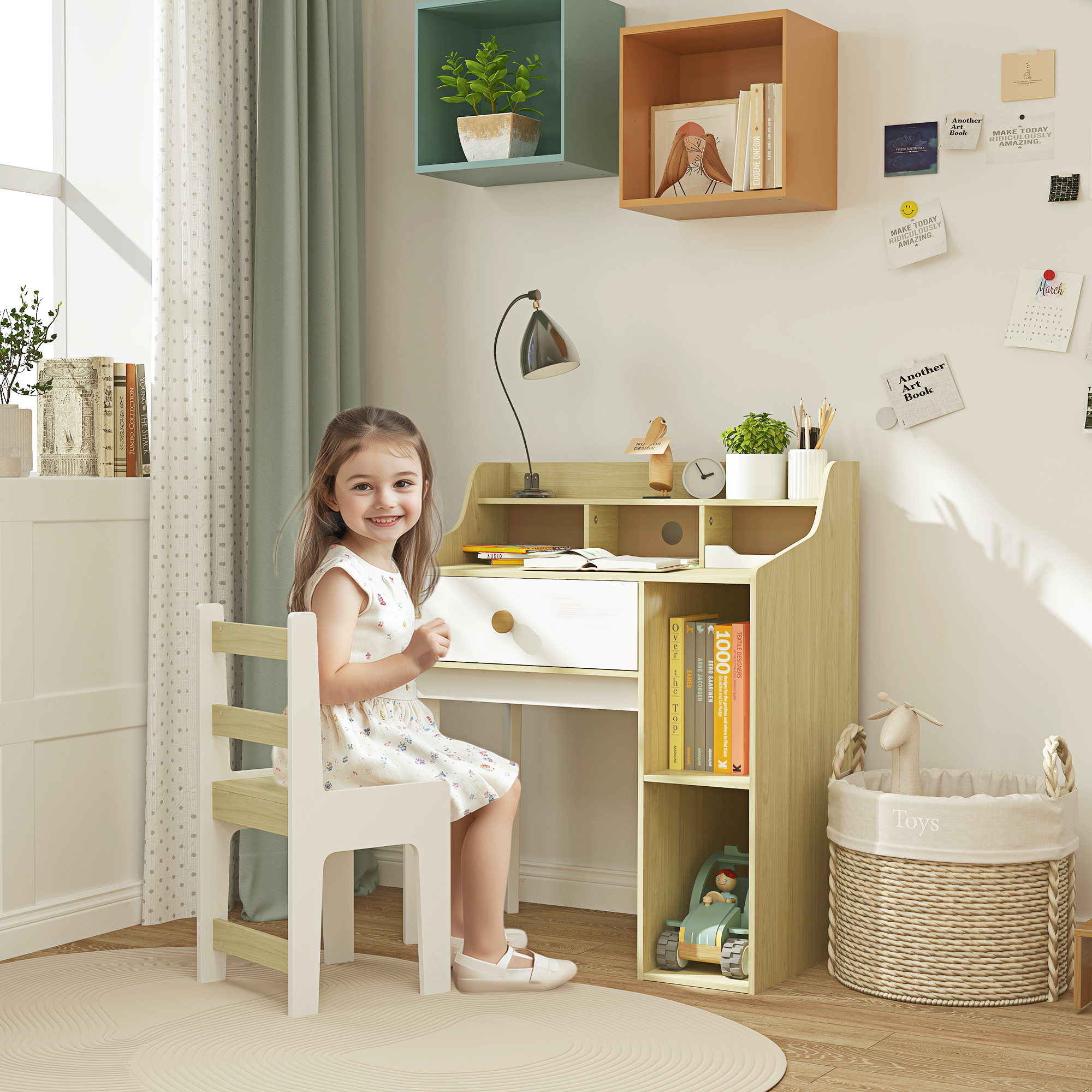 Set de escritorio y silla para niños con estantes y cajón, para 3-10 años, blanco