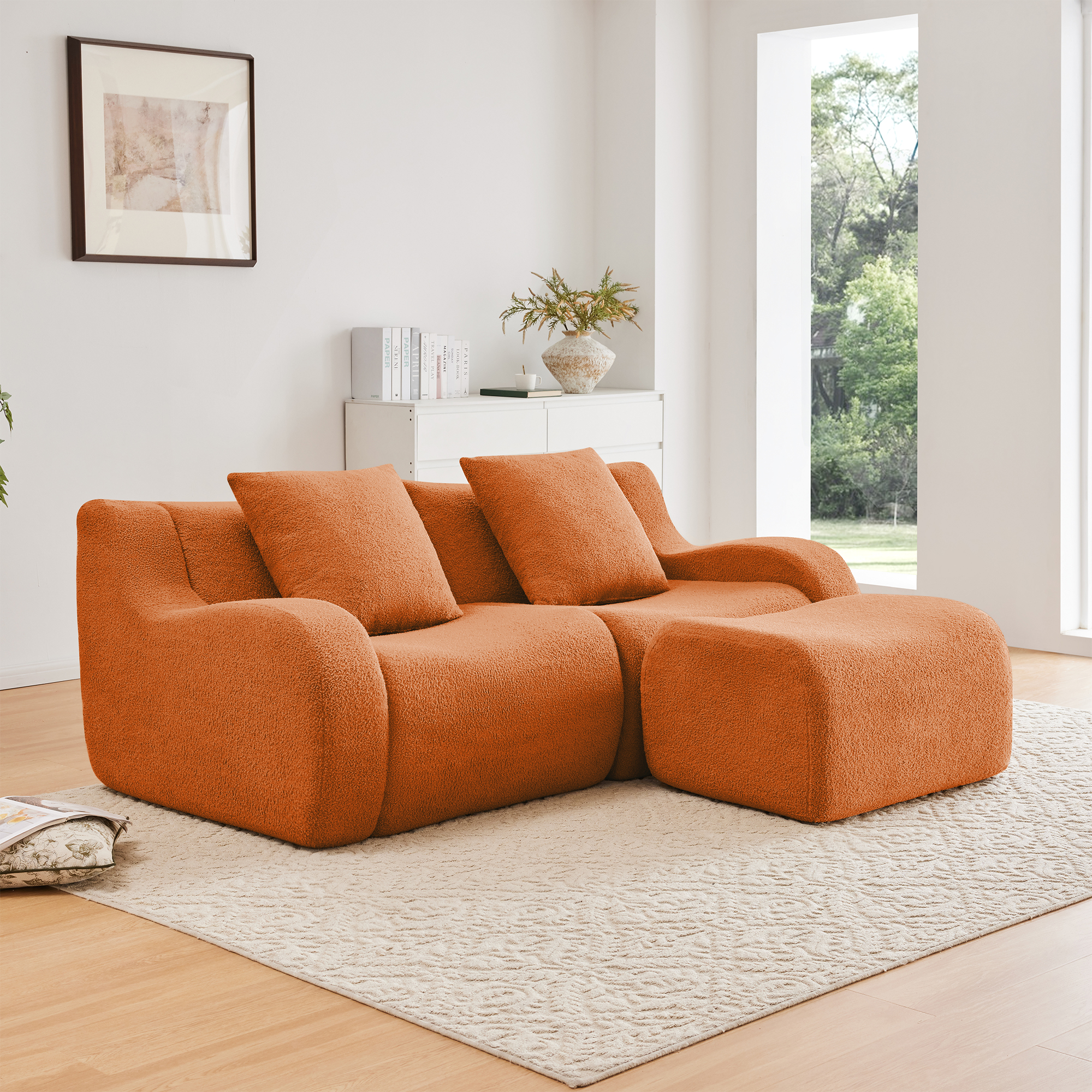 L-Shaped Teddy Fabric 2-Seat Boneless Sofa,No Assembly Required Curved Armrest,Streamlined Design Ergonomic Design ,32D High Density Sponge For Living Rooms Rest Areas Bedroom,Orange