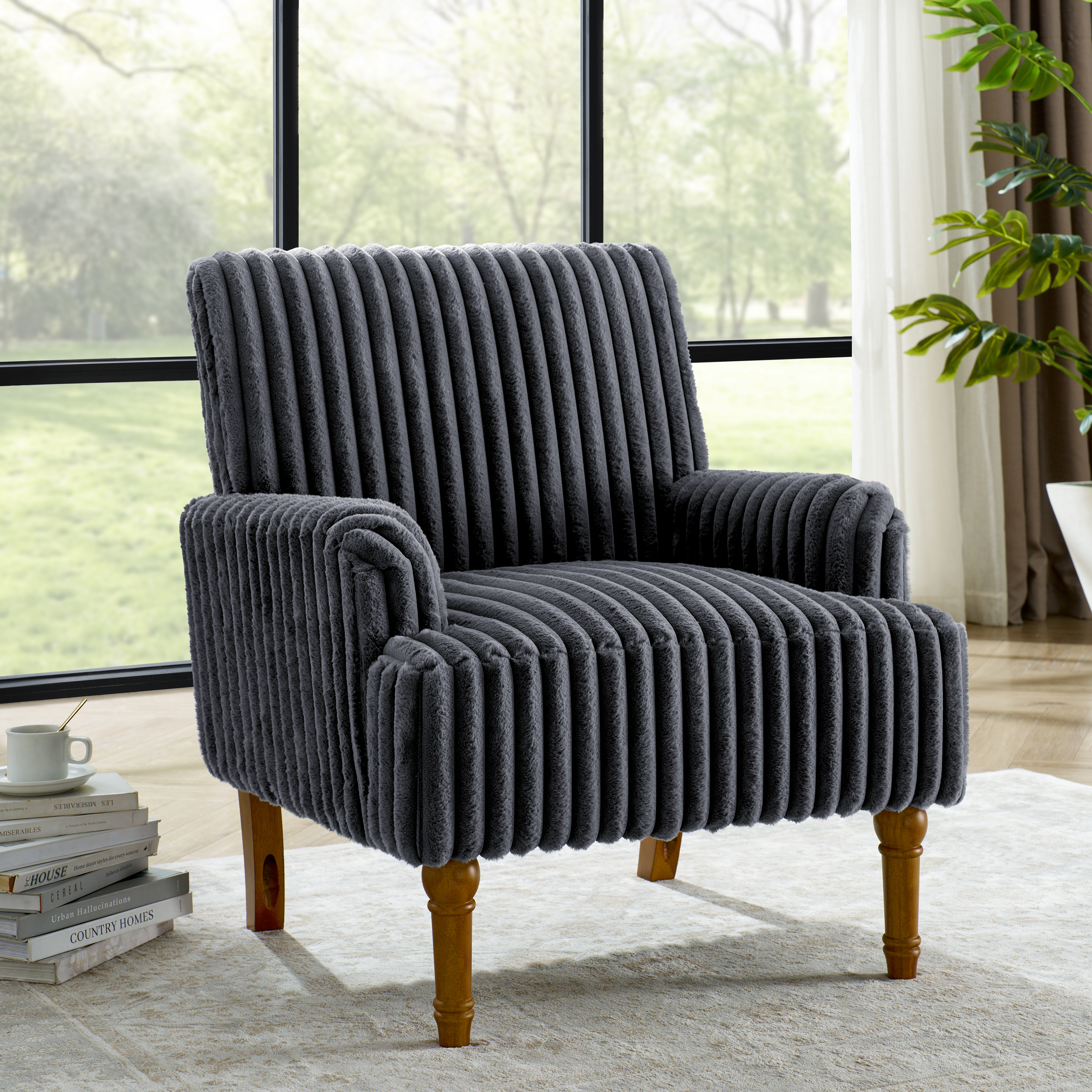 Modern Accent Chair With 3.5cmW Wide Wale Corduroy, 9  Solid Wood Legs, Comfortable Upholstered Armchair In Dark Gray For Living Room
