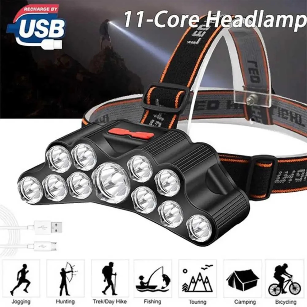 Linterna frontal recargable USB con 11 LED y batería 18650 para camping